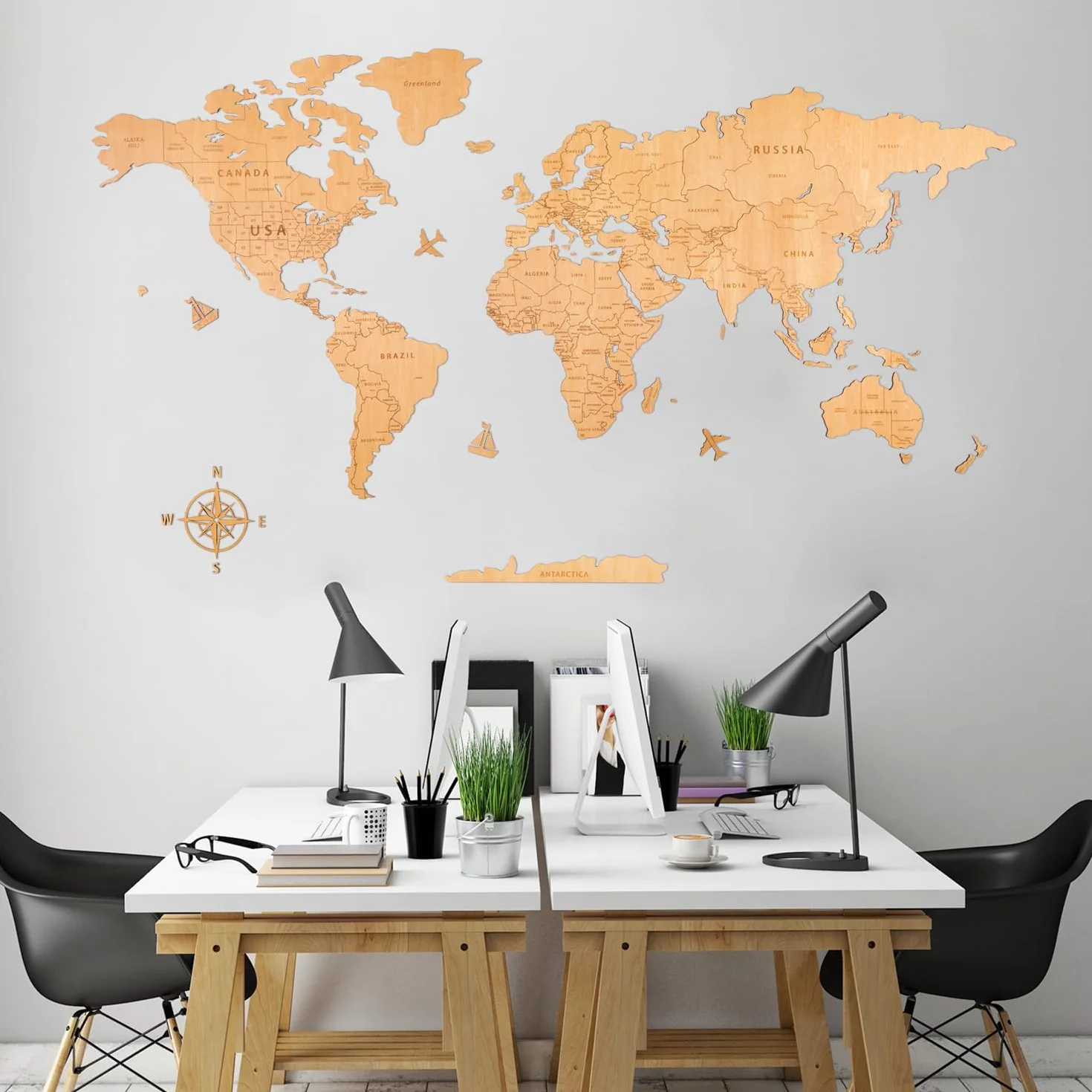 Creawoo Mapa Mundi Duża drewniana ściana Mapamundi z naturalnego drewna dekoracja ścienna do salonu biurowego, sypialni -200x114 CM Mapamundi Art Wall Decor