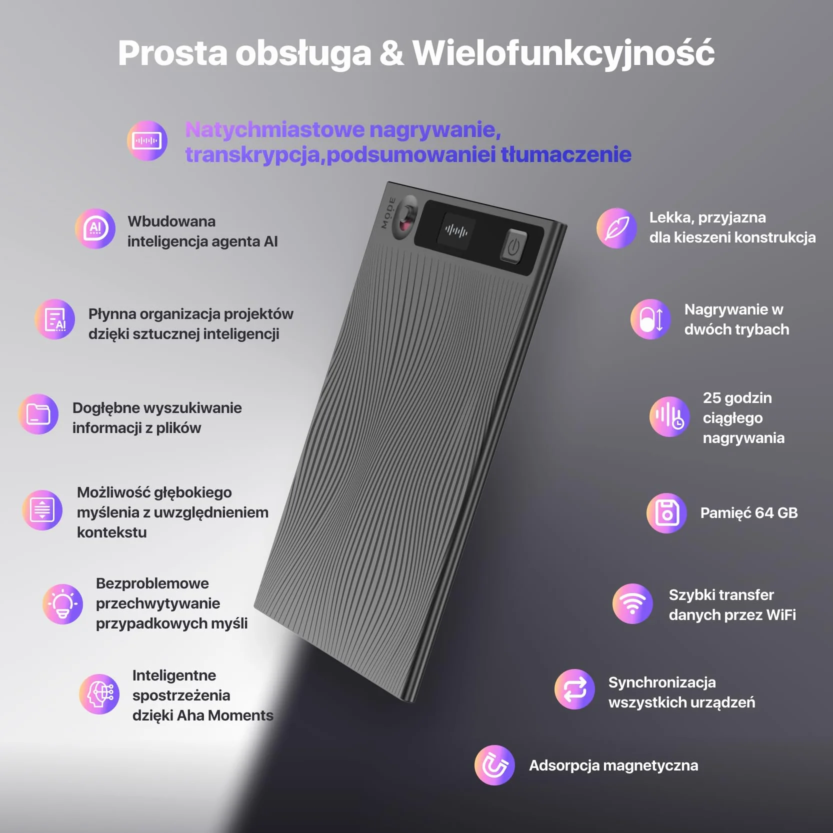 Mobvoi TicNote AI Dyktafon z pamięcią 64 GB i aplikacją Kontroluj ponad 100 języków z technologią AI Cyfrowy rejestrator dźwięku do rozmów telefonicznych Wykłady Spotkania Wywiady