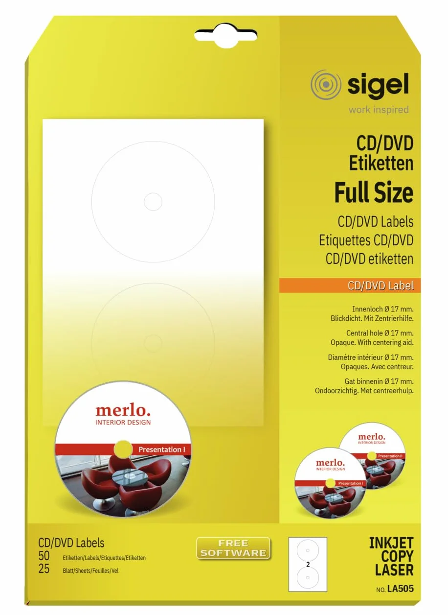 SIGEL LA505 Uniwersalne etykiety CD/DVD z wspomaganiem centrowania Ø 11,7 cm białe