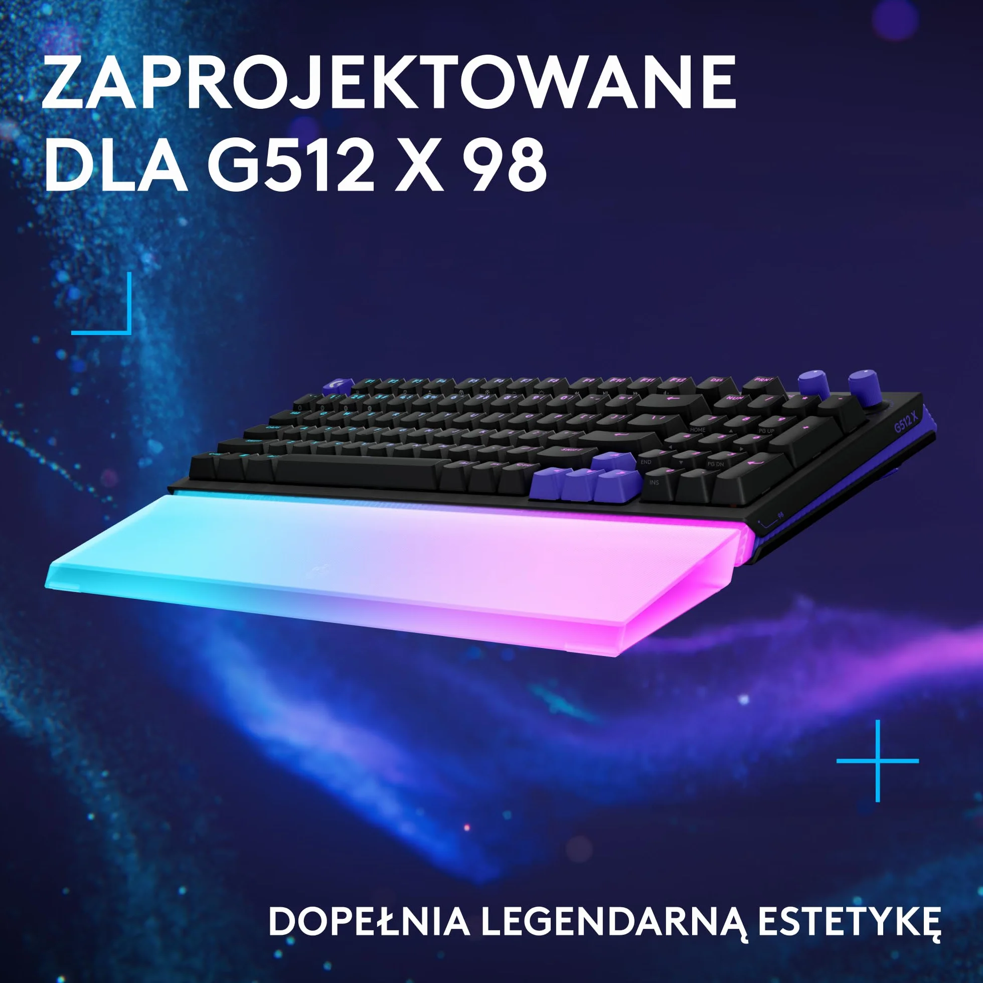 Logitech G G512 X PALM REST 98, LIGHTSYNC RGB – akrylowa podpórka pod nadgarstki z grawerem laserowym, która wzmacnia efekt świetlny, zaprojektowana dla modelu G512 X 98 – Przezroczysta