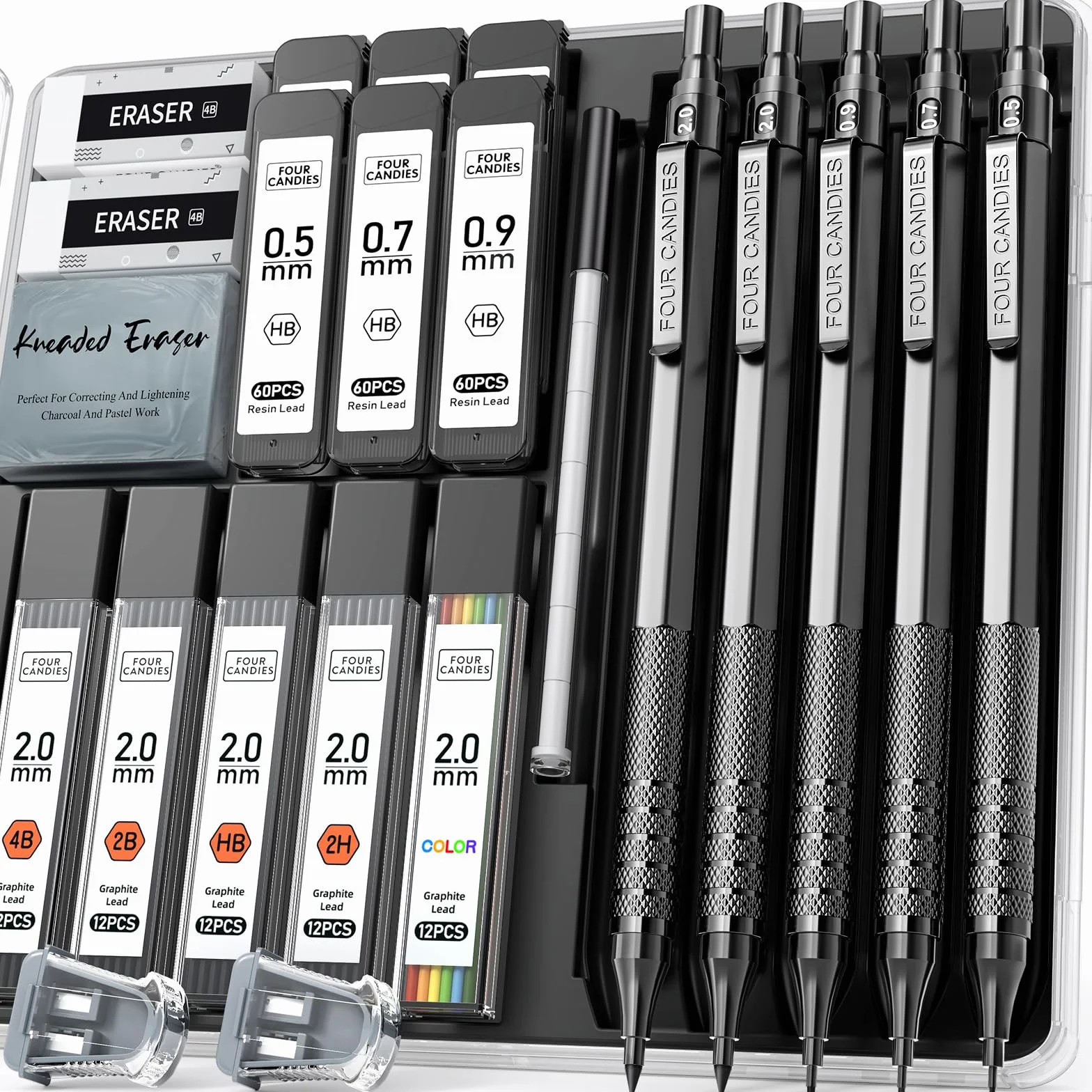 Four Candies Zestaw metalowych ołówków mechanicznych 0,5 0,7 0,9 mm 2 mm z 420 wkładami 4B 2B HB 2H czarny