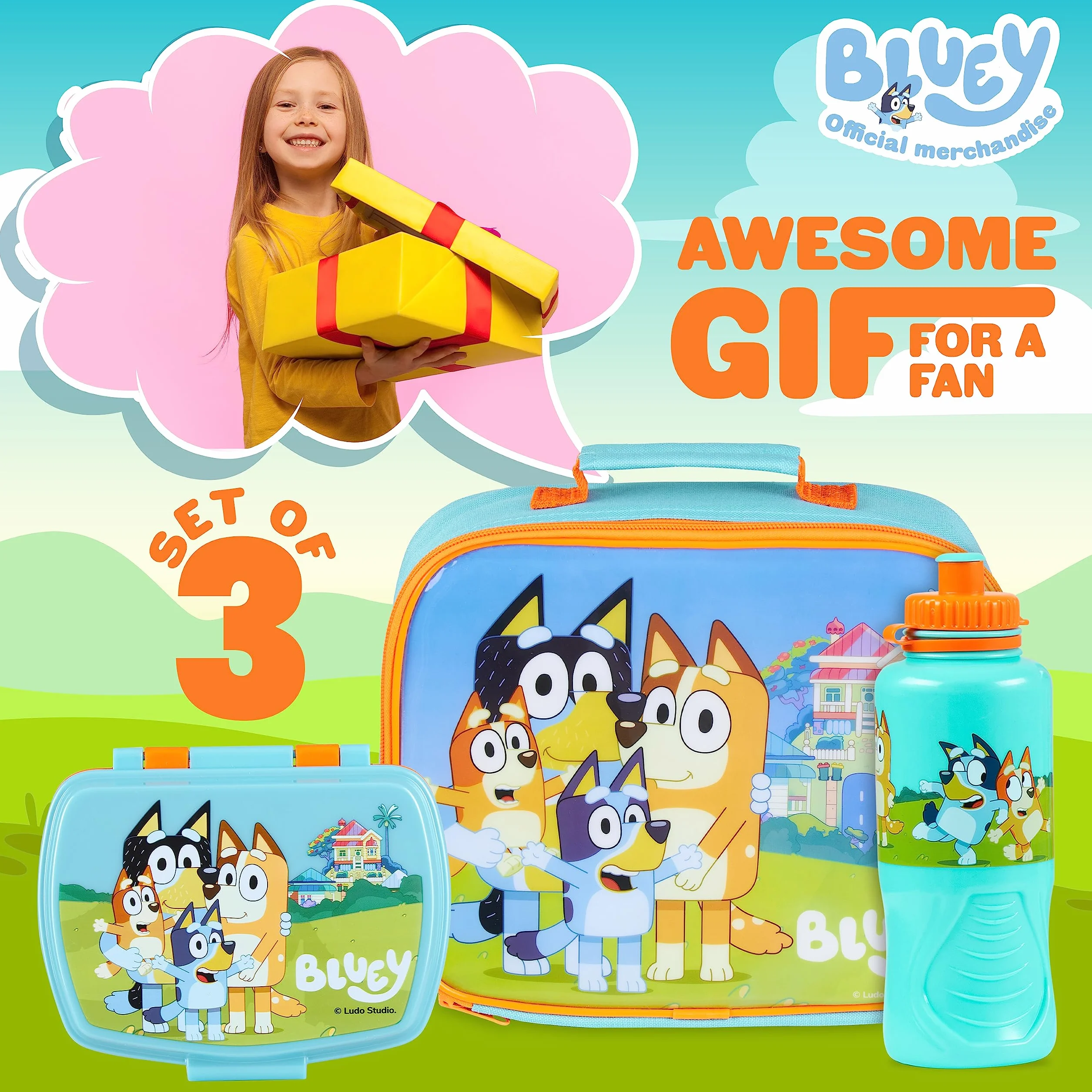 Bluey 3-częściowy zestaw lunchowy: izolowana torba, pudełko na przekąski, butelka na wodę, 430 ml, do przedszkola, podróży lub wycieczek
