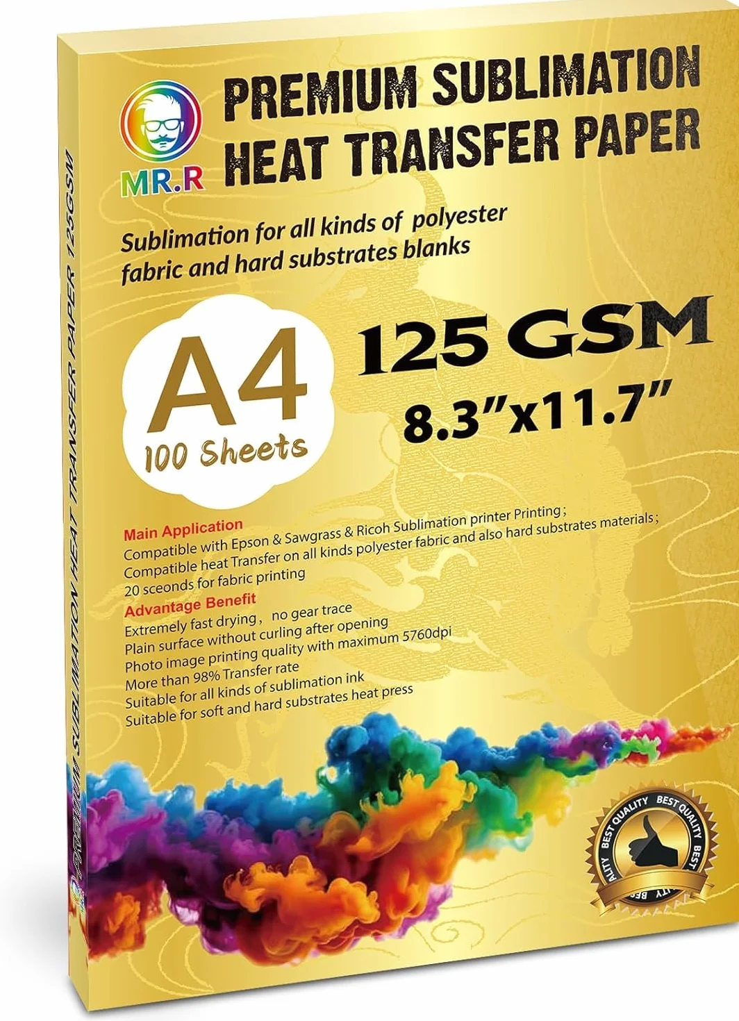 Papier termotransferowy premium do sublimacji 125 g/m² z arkuszami A4 × 100 arkuszy zarówno do tkanin poliestrowych, jak i twardych sztywnych materiałów podłoża. Nadaje się do drukarki atramentowej