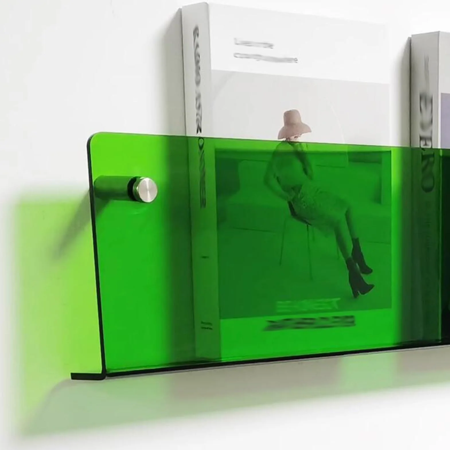 Clear Acrylic Wall Mount Magazine Holder Brochure Rack, Green Bookshelf Stand Literature Storage Shelf (40x5x15cm)