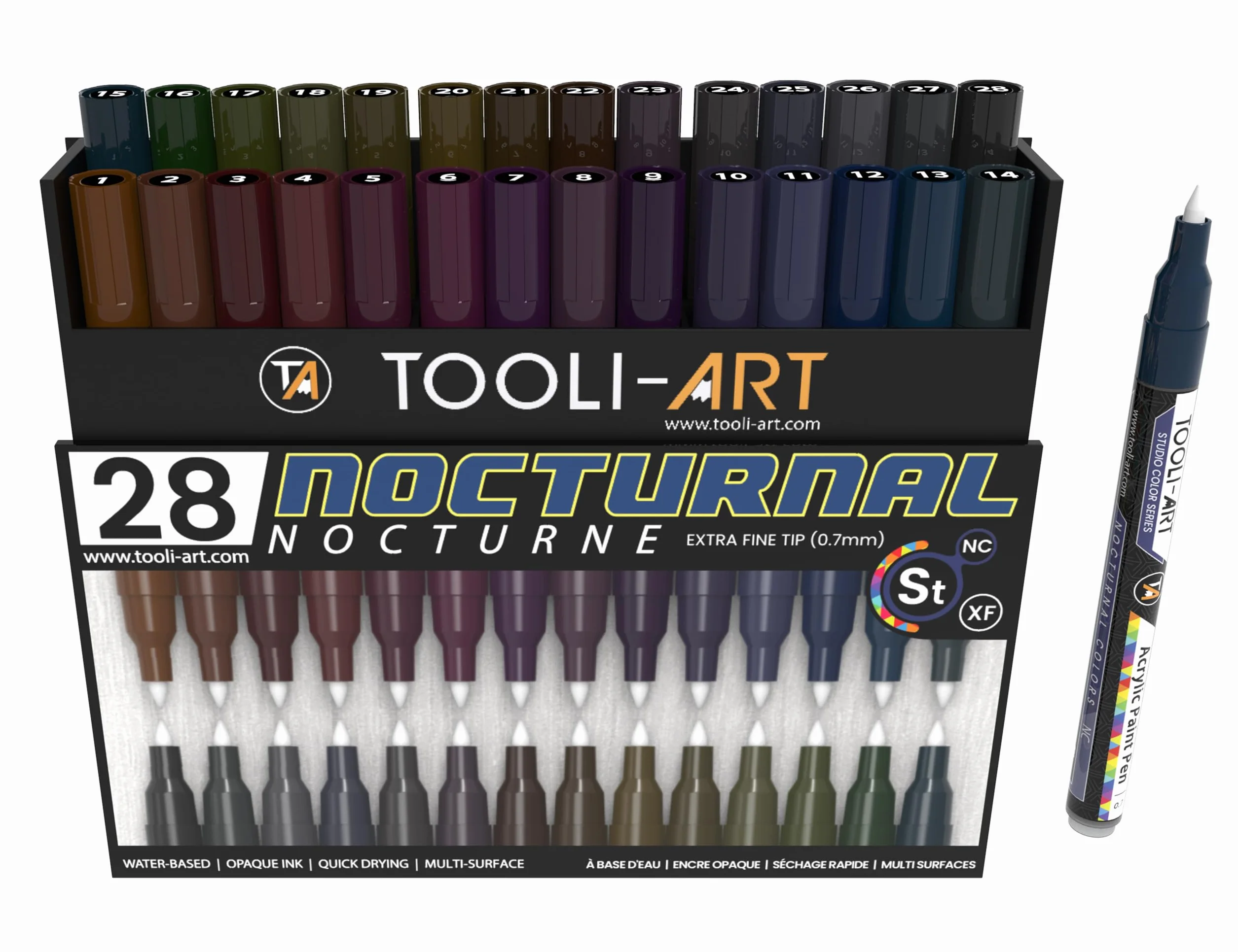 28 ciemnych nocnych kolorów akrylowych pisaków do malowania Studio Color Series Markery zestaw 0,7 mm bardzo cienka końcówka, malowanie skalne, szkło, kubki, drewno, metal, płótno, DIY, detale