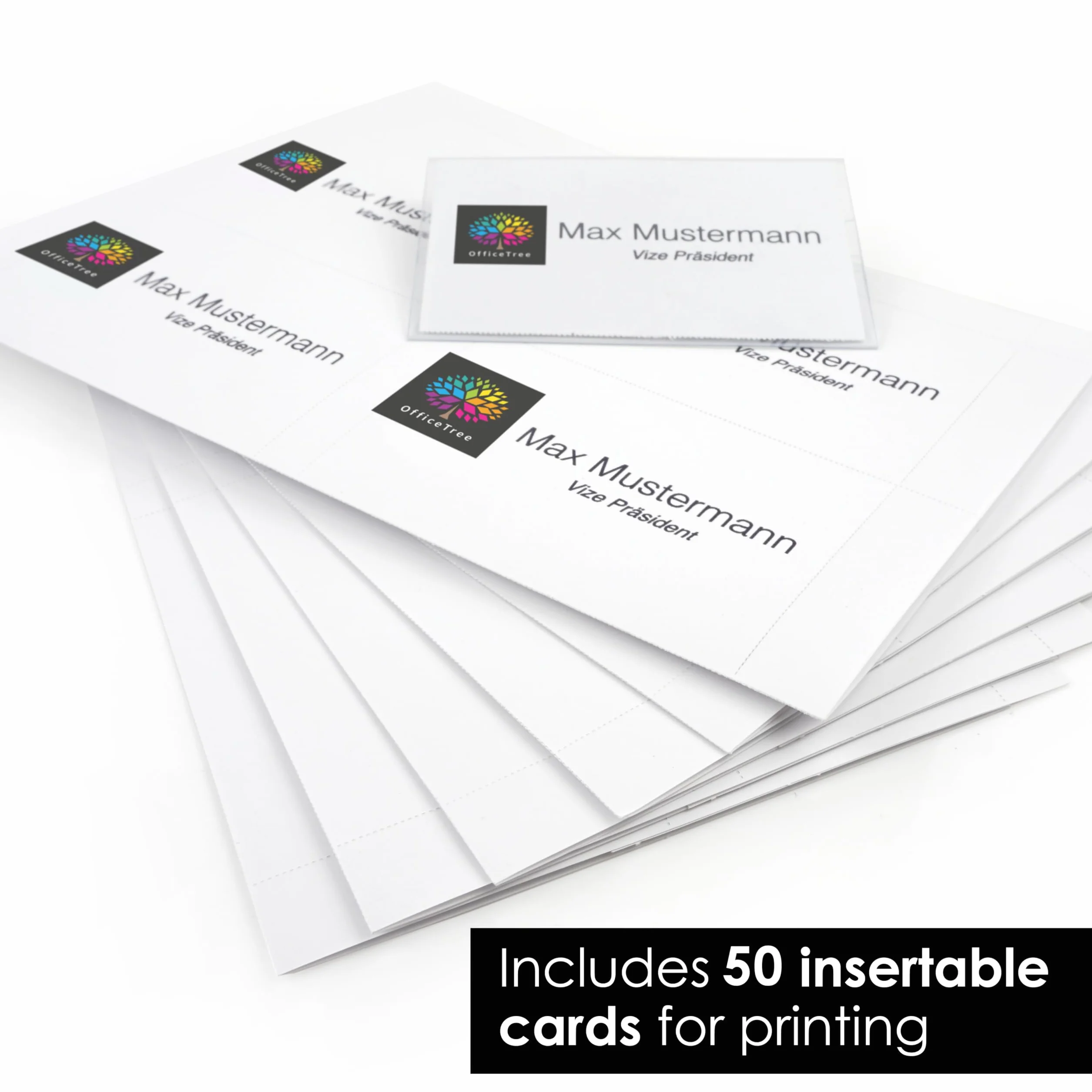 OfficeTree 50 x Identyfikatory z Klipsem i Szpilką - w Zestawie 50 x Karty do Zadrukowania - Uchwyty na Identyfikatory do Wizytówek - Przezroczyste Plastikowa Tabliczka na Nazwisko Wizytówk
