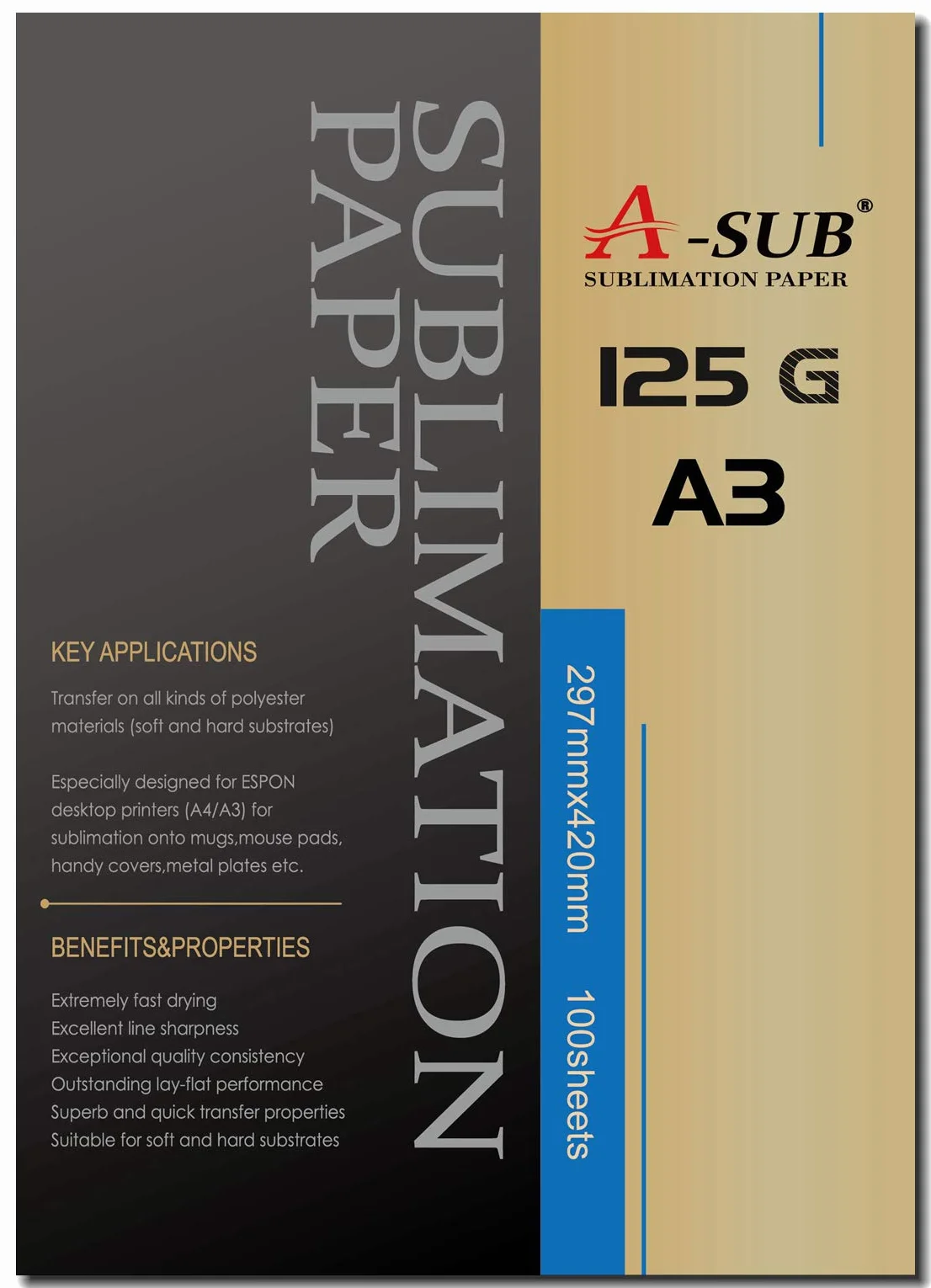 A-SUB Papier sublimacyjny 125 g/m², A3, 420 x 297 mm, 100 arkuszy, kompatybilny z drukarką sublimacyjną Epson, Sawgrass, Ricoh, Brother