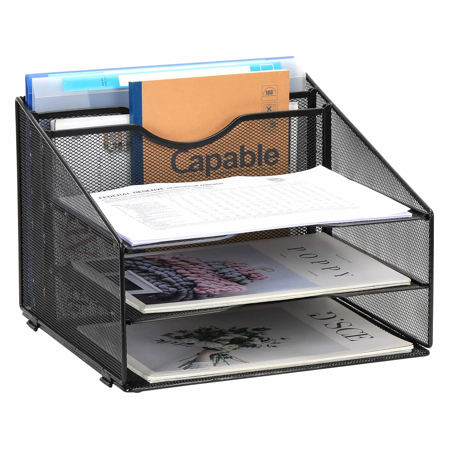 EasyPAG Organizer na Biurko A4 5 Przedziały Metal Siatka,Taca na Czasopisma,Półka na Listy,Stojak na Dokumenty do Domu & Biura,Czarny