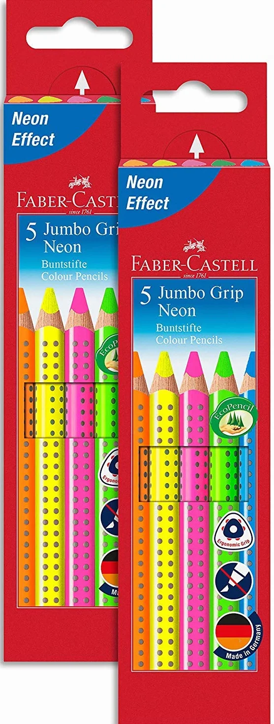 Faber-Castell Jumbo Grip Neon kredki, 5 sztuk w etui, 2 opakowania