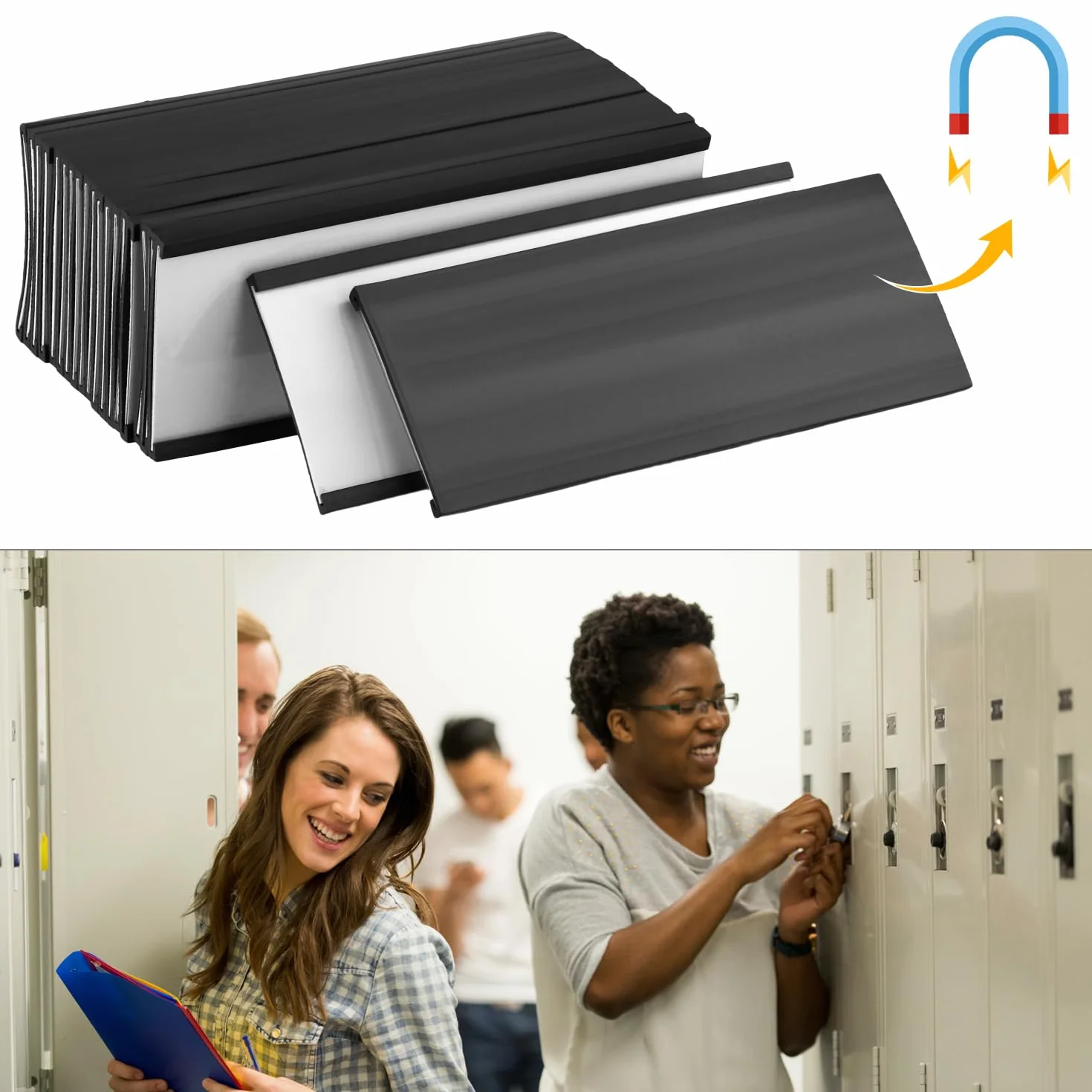 QWORK® 40 sztuk magnetycznych uchwytów na etykiety, 40 mm x 100 mm, wielokrotnego użytku, odporne na warunki atmosferyczne, z folią ochronną, magnetyczne plakietki z imieniem do metalowej tablicy,