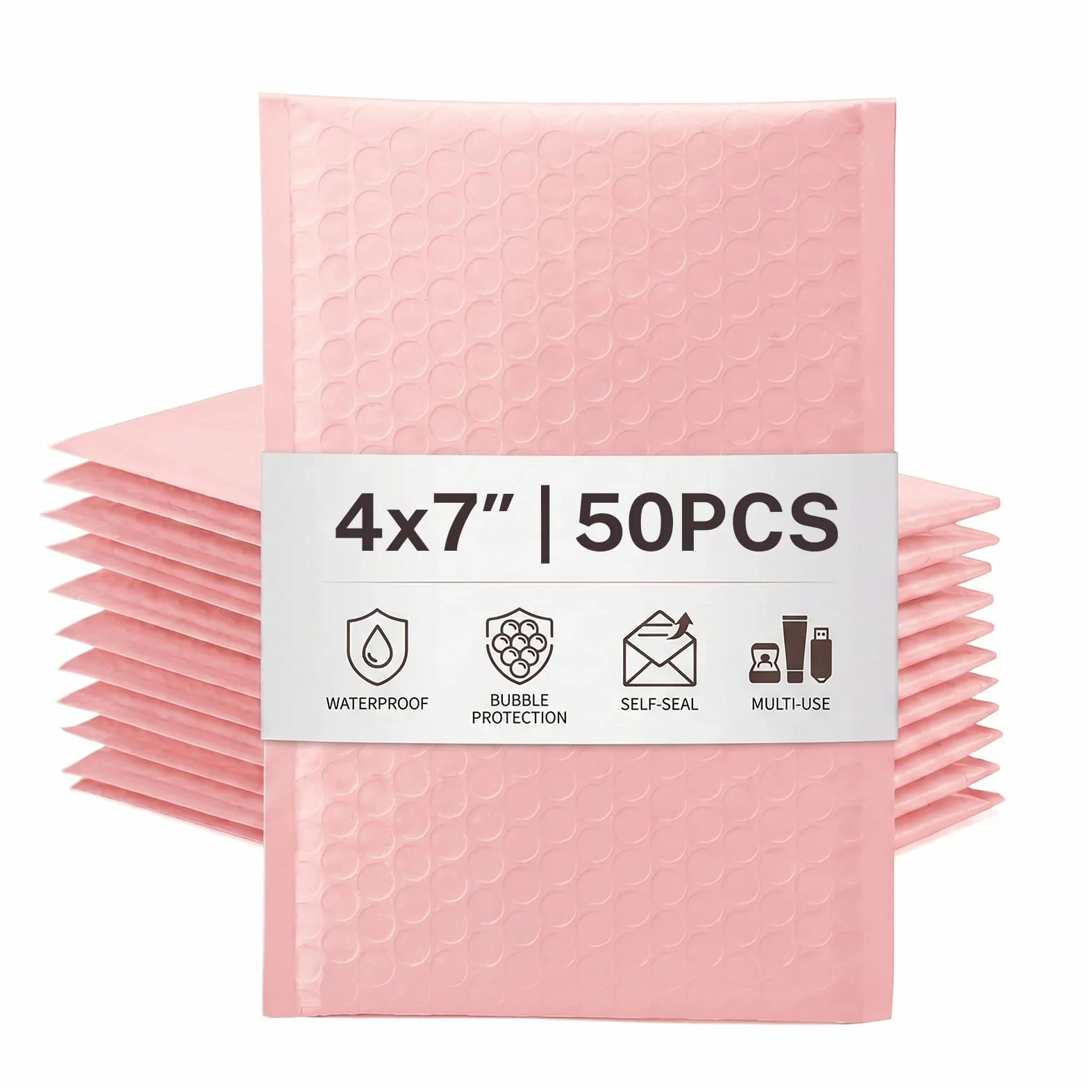 Switory 50 szt. Poly Bubble Mailers, 10,2 x 17,7 cm wyściełane koperty z podszewką bąbelkową torby polimerowe do wysyłki opakowań wysyłkowych samouszczelniające, jasnoróżowe (rozmiar zewnętrzny: 10,2