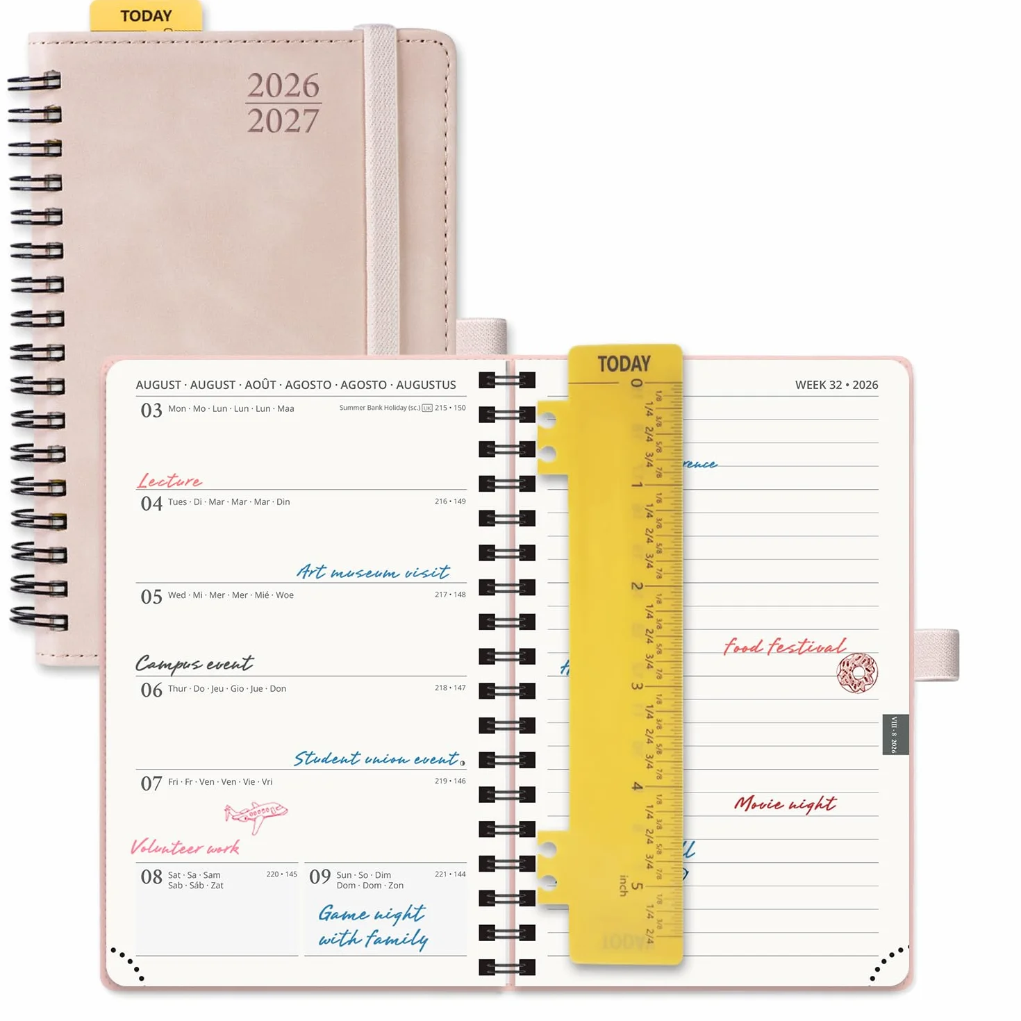 POPRUN Agenda Pocket 2026 2027 A6 Tygodniowy Planner i Notatnik od Sierp'26 - Gru'27, Mały Format 16 x 10,5 cm, Miękka Okładka Spiralna, Papier 80 gsm, Linijka，Różowy
