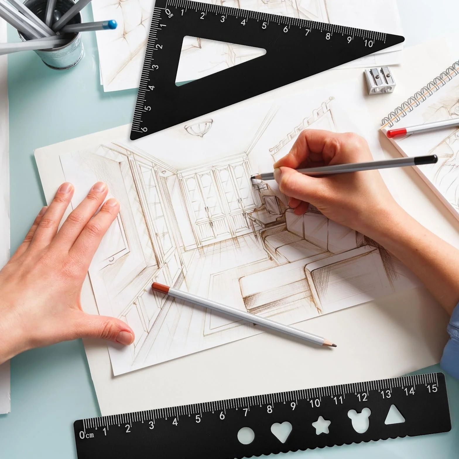 Zestaw 4 linijek ze stopu aluminium, kątomierz, trójkąt, architekt, linijka, zestaw linijek matematycznych, geometrycznych, dla uczniów, nauczycieli, inżynierów i rysowników (czarny)