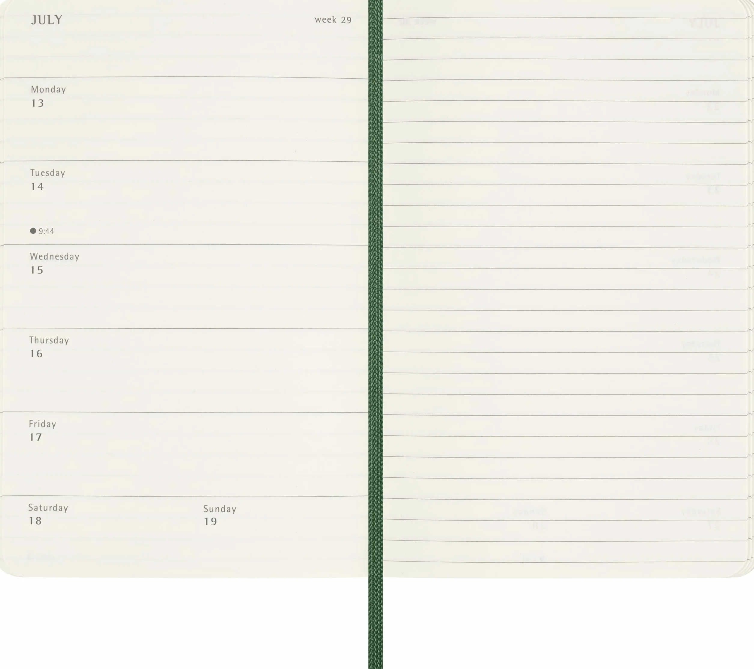 Moleskine 12 Monate Wochen Notizkalender 2026, Pocket/A6, 1 Wo = 1 Seite, rechts linierte Seite, Weicher Einband, Myrtengrün