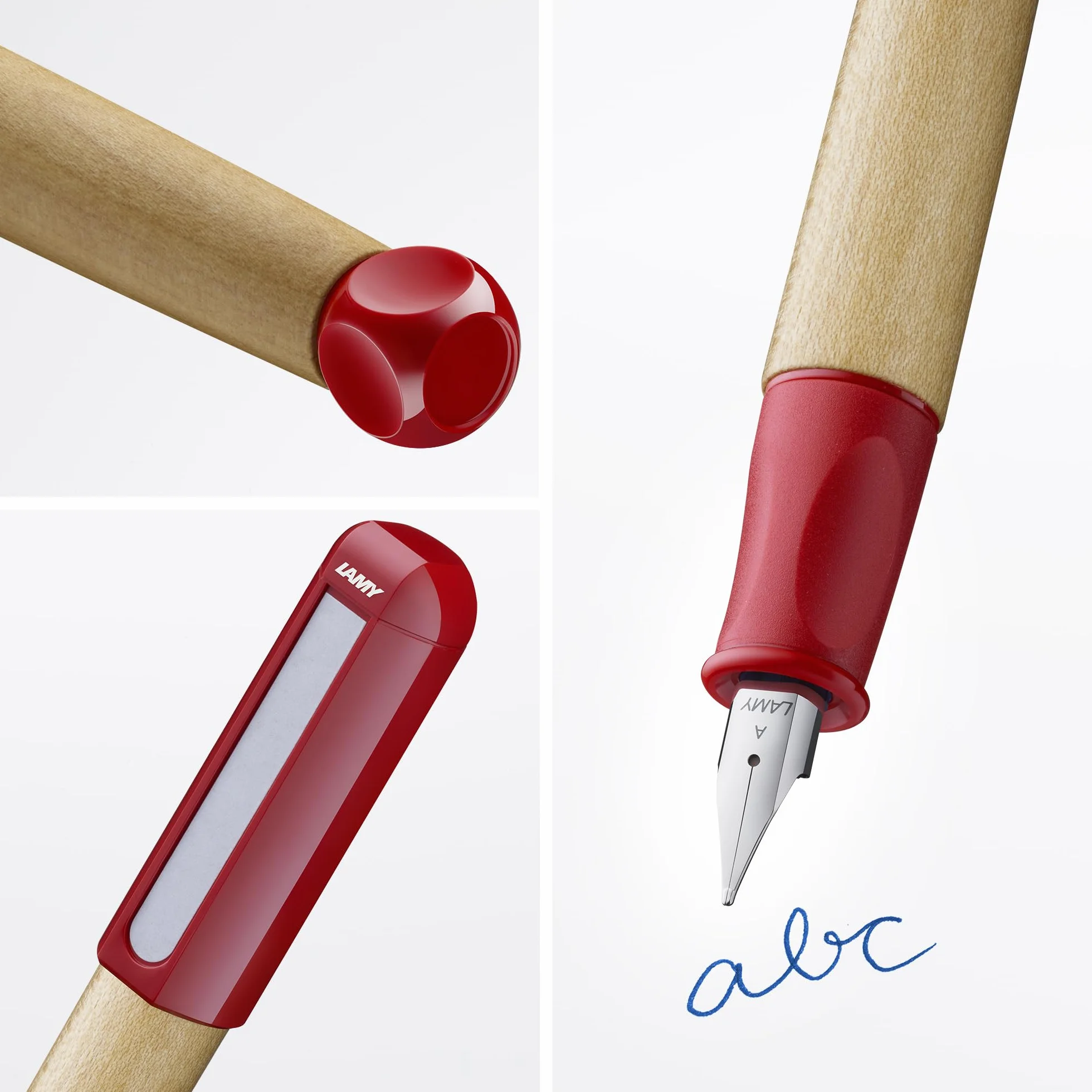 LAMY ABC Red - Przyjazne dla dzieci pióro wieczne do pisania dla początkujących z ergonomicznym uchwytem i polerowaną stalówką ze stali leworęcznej (LH) w rozmiarze M - wytrzymałe drewno klonowe - w