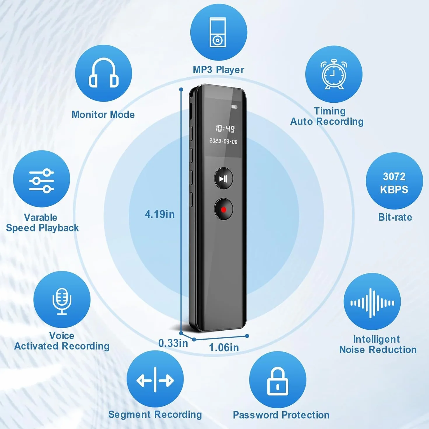 64 GB Digital Voice Recorder, aktywacja głosem, nagrywanie One-Touch Recording 3072 Kbps, dyktafon z odtwarzaniem, redukcją szumów, nagrywanie dźwięku na spotkania/wywiady/zajęcia