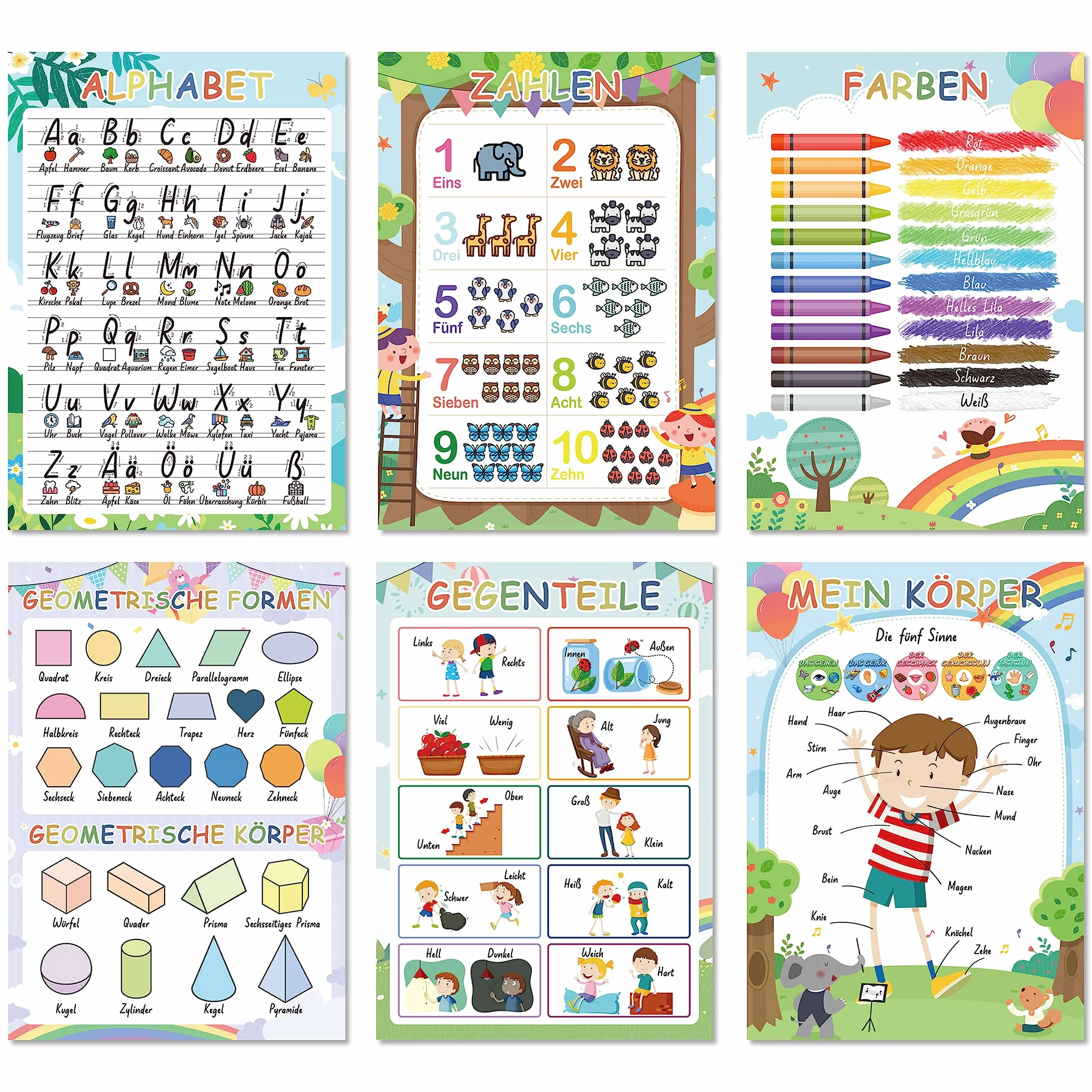 BIROYAL Montessori 16 Edukacyjnych Plakatów A4, ABC dla Dzieci, Gruby Papier Laminowany, Alfabet, Edukacyjny do Szkoły Podstawowej, Piktogramy