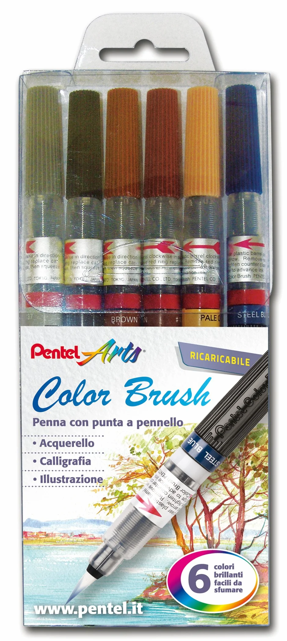 Pentel Pędzel kolorowy GFL, 6 różnych sztuk