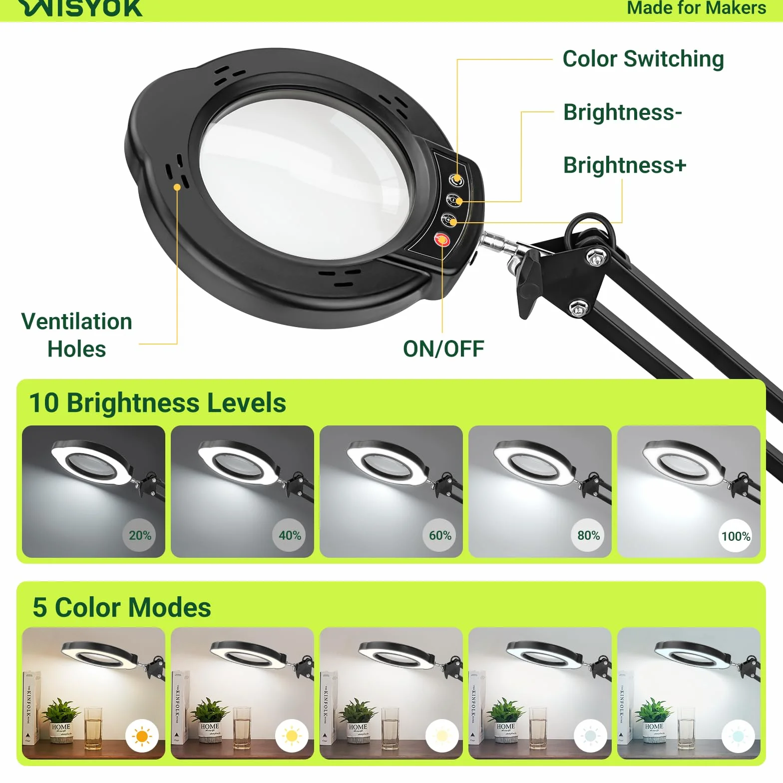 WISYOK Lupa ze światłem i stojakiem, 10x LED lampa z lupą z ramieniem wychylnym 22 cm, 5 trybów kolorystycznych, 10 bezstopniowo ściemnianych, lampa z lupą z zaciskiem, lupa do czytania dla seniorów