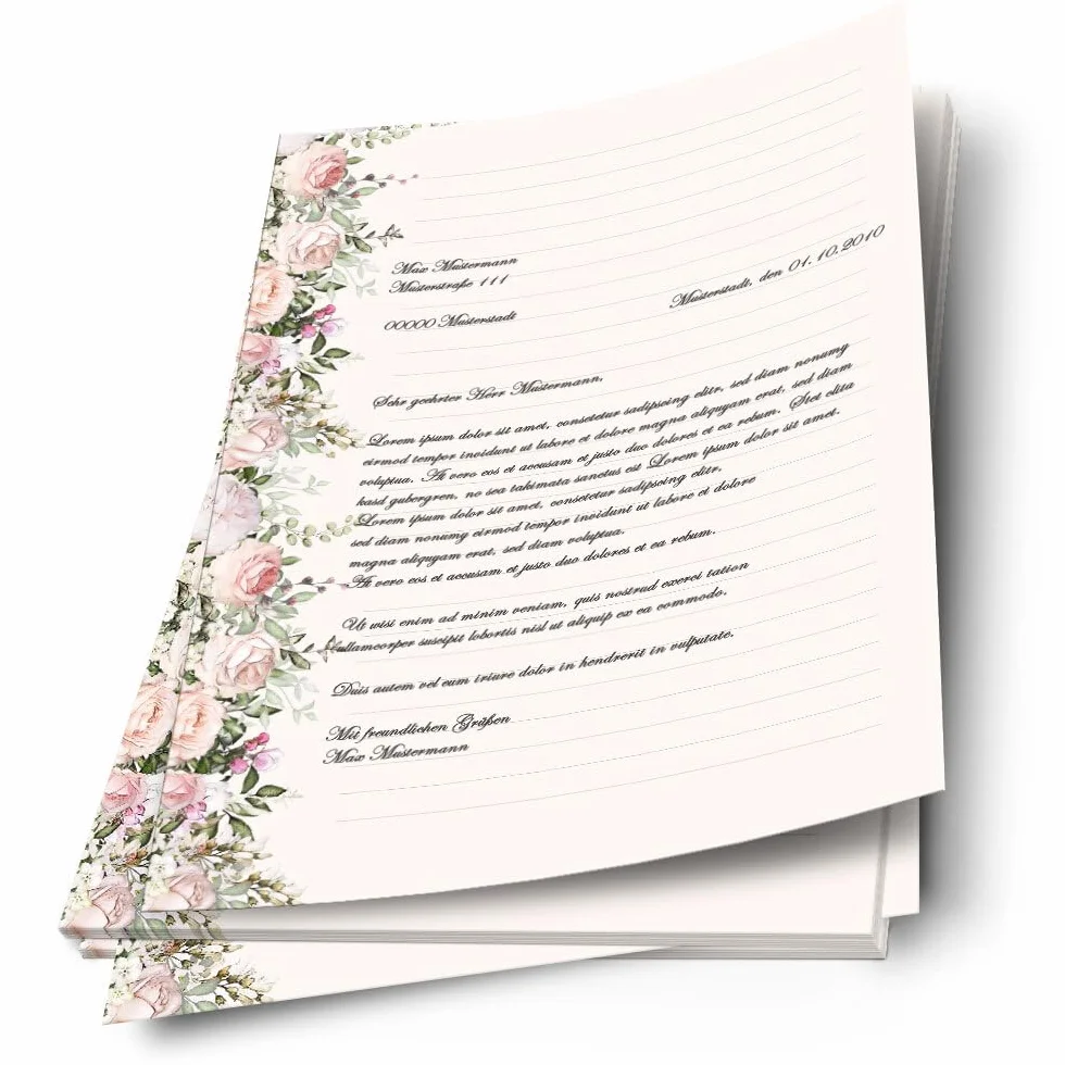100 arkuszy papieru listowego ROSENPRACHT - DIN A4 (210 x 297 mm), 90 g/m² - ró?e