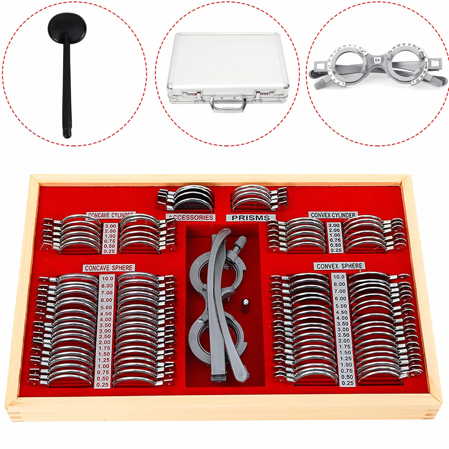 Zestaw 104 soczewek testowych Trial Lens z metalowymi soczewkami optometrycznymi aluminiowa walizka