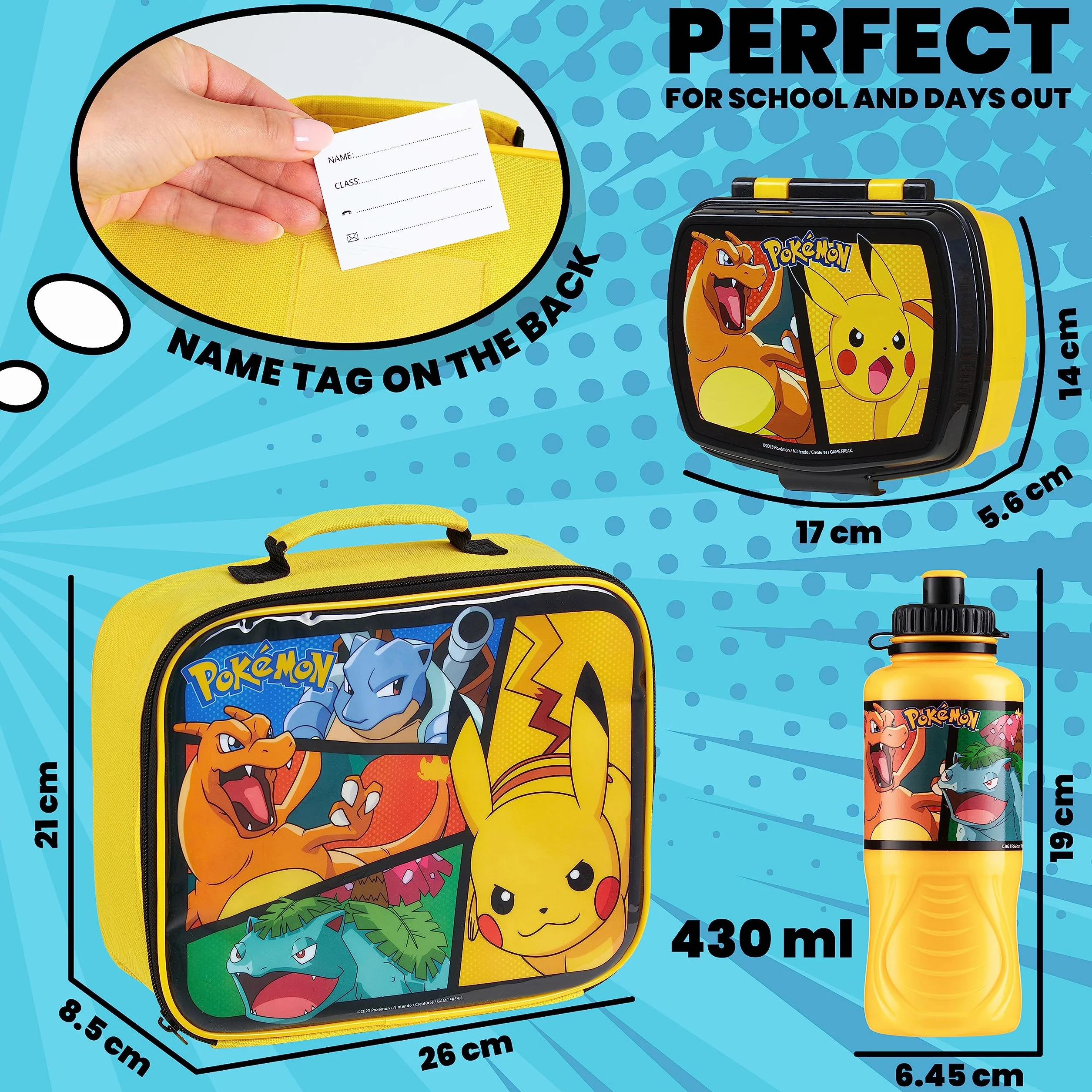 Pokémon Termiczny pojemnik na lunch, pudełko na lunch i butelka, 3-częściowy zestaw - prezent dla dzieci (żółty)