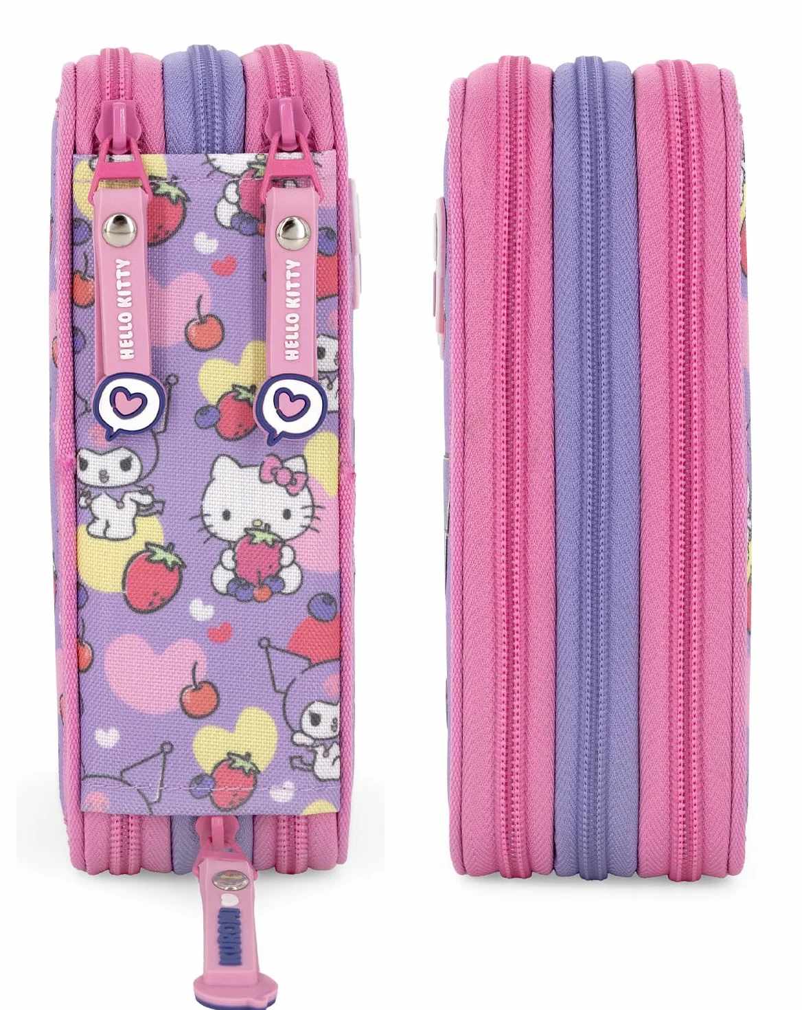 Piórnik z Wyposażeniem 3-Komorowy, Dla Fanów Hello Kitty i Kuromi - Zestaw Szkolny 46 Elementów: Długopisy Ścieralne, Pisaki Giotto, Kredki - Wyprawka dla Dziewczynki