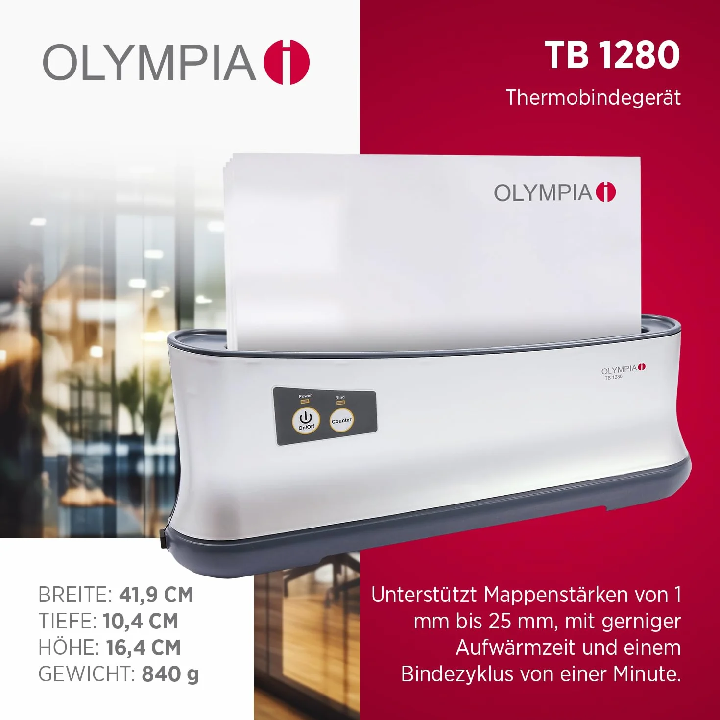 Olympia - Wydajne urządzenie do bindowania termicznego A4 TB-1280 | bardzo szybko gotowe do użycia | tylko 1 min. czas wiązania | najprostszy i najszybszy system wiązania do 200 arkuszy | uchwyt