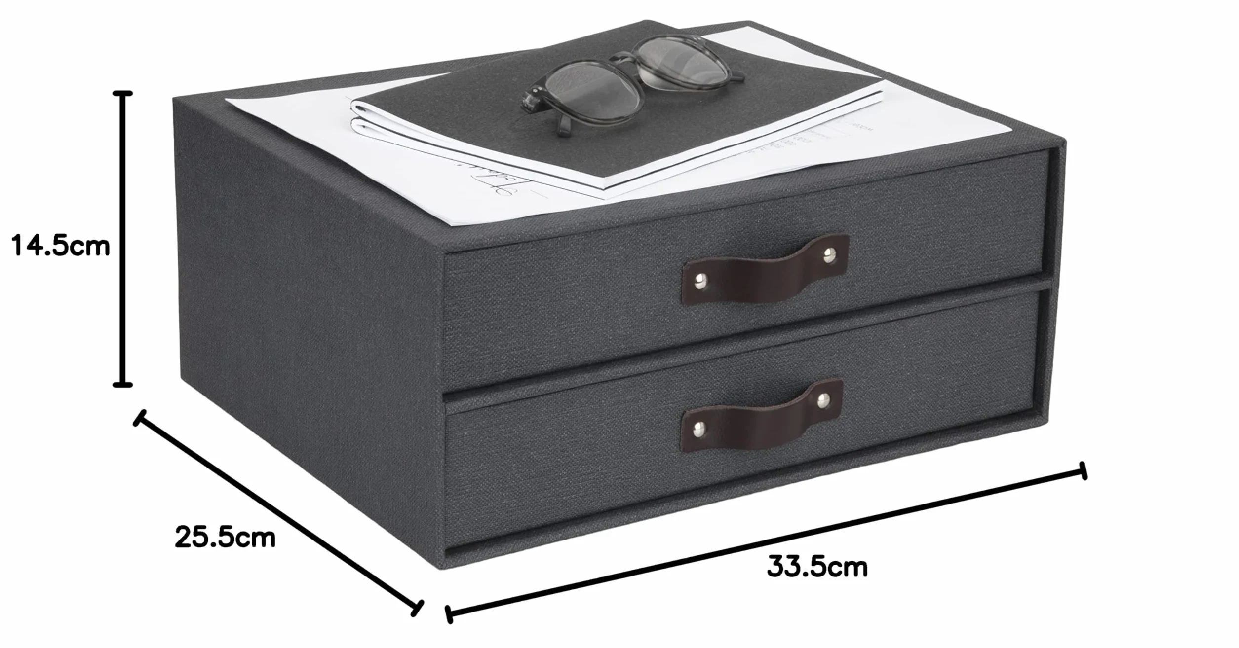 Bigso Box of Sweden 9431C6849LEA648 Mini komoda biurowa na dokumenty i materiały biurowe – Organizer na biurko z 2 szufladami – pudełko z szufladami z włókna drzewnego i papieru – czarny