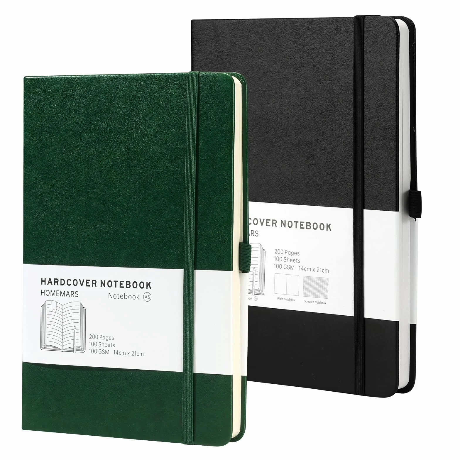 HOMEMARS Notatnik, dziennik, notes w kropki A5, notatnik, kropkowany notatnik A5, Bullet Dotted Journal kropkowany 200 stron, 100 GSM, twarda okładka, uchwyt na długopisy, zakładki, zielony czarny