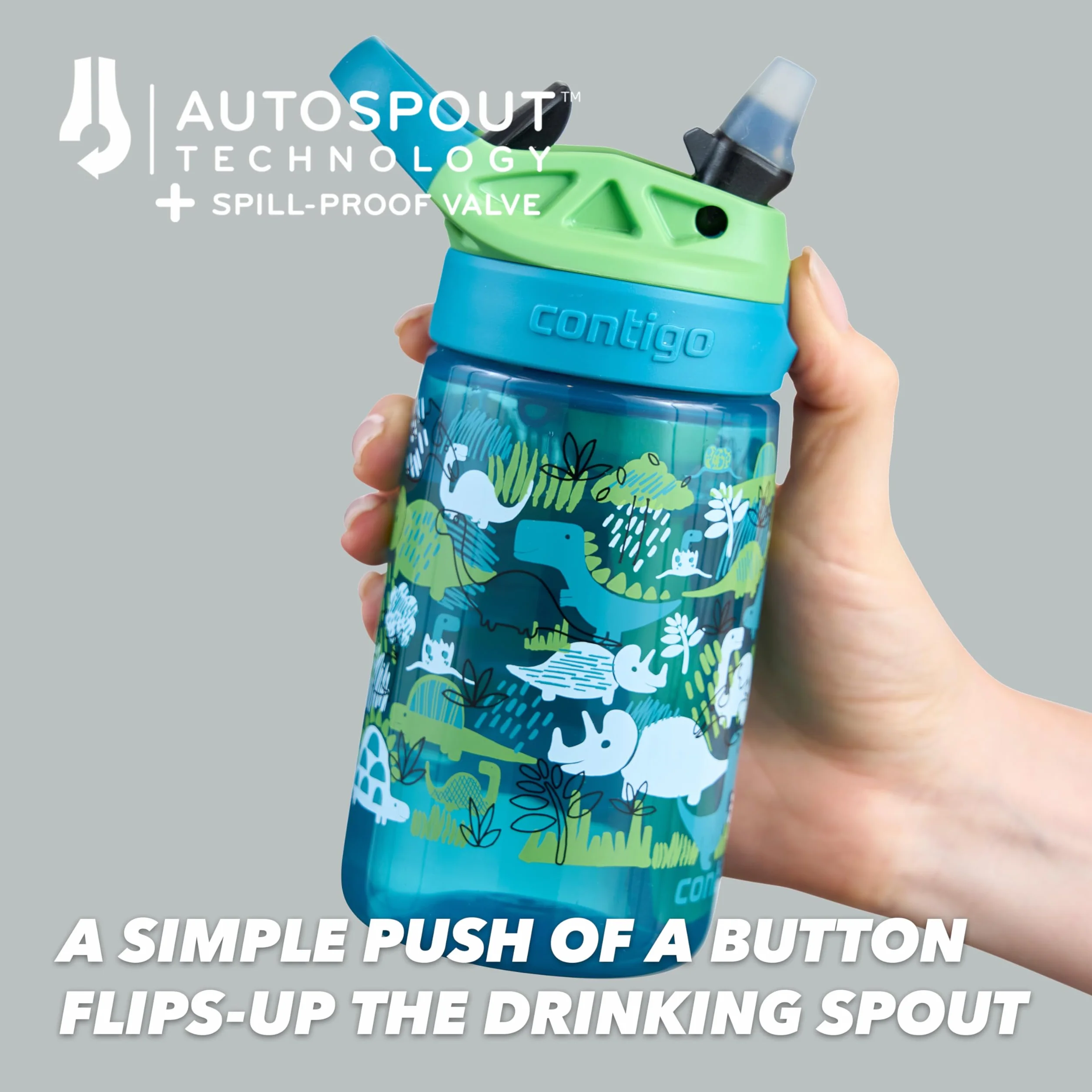 Contigo Butelka na wodę dla dzieci Easy Clean Autospout ze słomką, butelka na napoje ze stali nierdzewnej bez BPA, 100% szczelna, łatwa do czyszczenia, idealna do przedszkola, Dinoboy