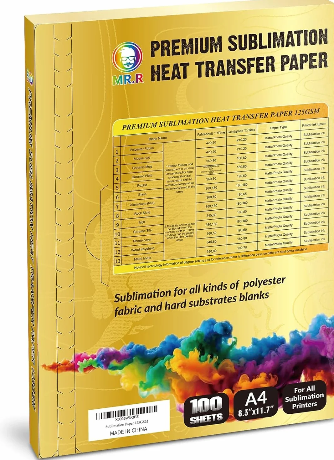 Papier termotransferowy premium do sublimacji 125 g/m² z arkuszami A4 × 100 arkuszy zarówno do tkanin poliestrowych, jak i twardych sztywnych materiałów podłoża. Nadaje się do drukarki atramentowej