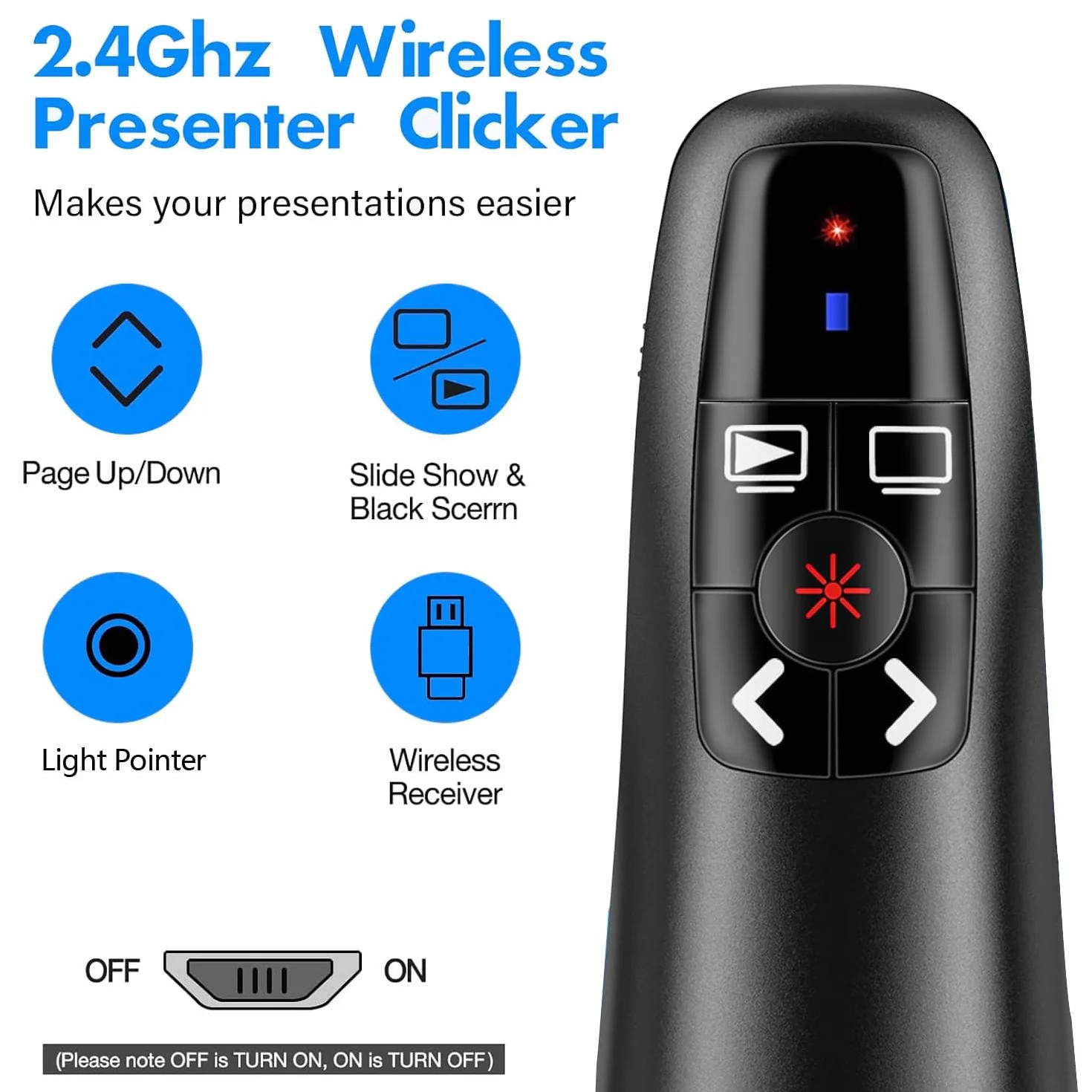 2-w-1 Kliker prezentacyjny typu USB C do prezentacji PowerPoint, 2.4GHz bezprzewodowy pilot prezentacyjny kliker wskaźnik slajdów PPT klikacz do komputera Mac Laptopa