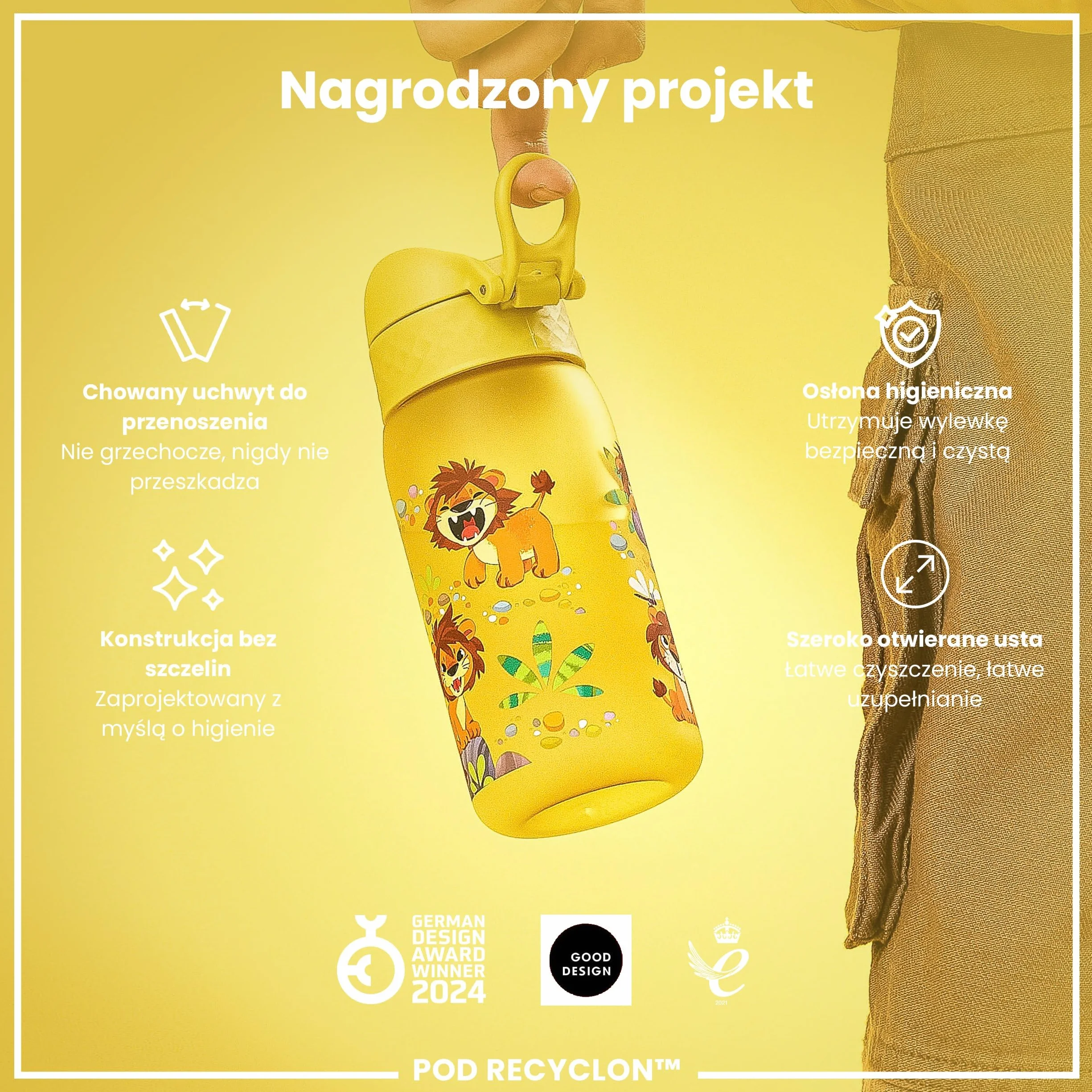 ION8 Butelka dla Dzieci, 350 ml/12 oz, Szczelna, Łatwa do Otwarcia, Bezpieczny Zamek, Można Myć w Zmywarce, Bez BPA, Uchwyt do Przenoszenia, Łatwa do Czyszczenia, Bezwonny, Lwiątka