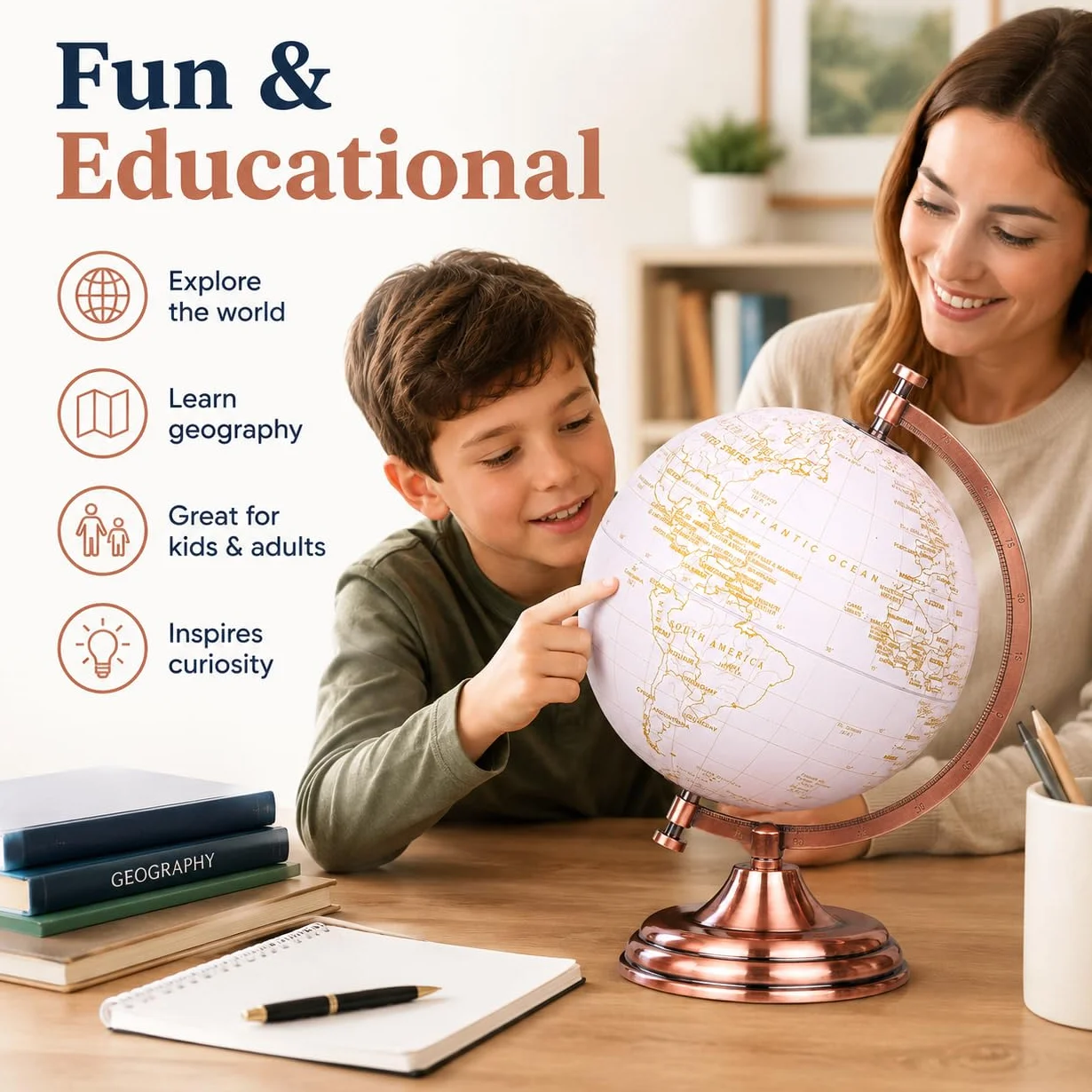 EXERZ Globus 20 cm złoty metaliczny pedagogiczna geograficzna mapa angielska metalowy łuk podstawa