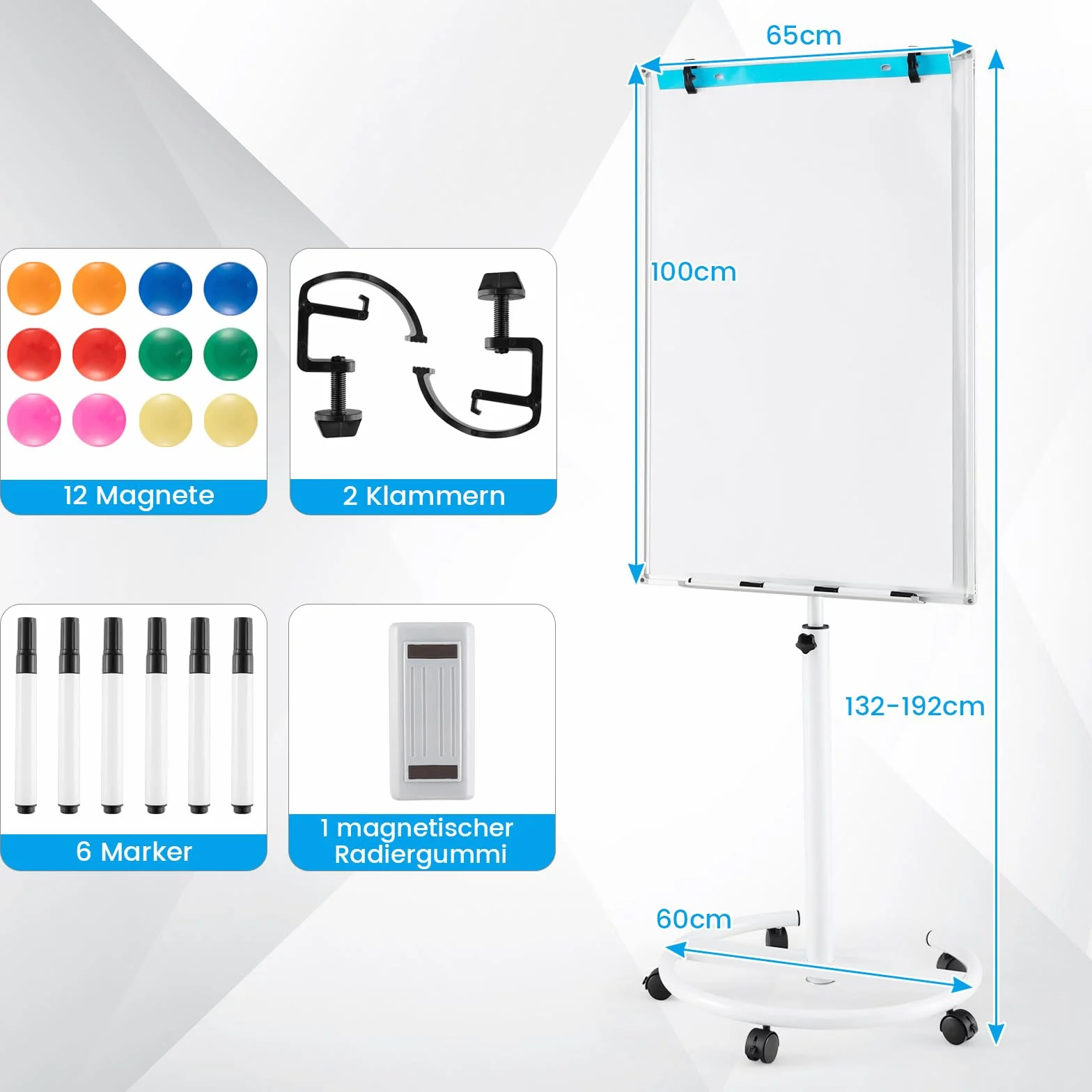 COSTWAY Stojak na flipchart, 100 x 65 cm, przenośna tablica suchościeralna na kółkach, z regulacją wysokości do 192 cm, suchościeralna, magnetyczna, z okrągłym stojakiem, magnesami, markerami i