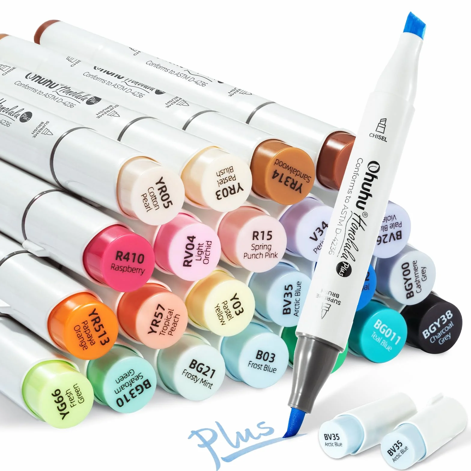 Ohuhu Markery, 24+1 kolory Supreme Brush & Chisel Markery alkoholowe z podwójną końcówką, pisaki artystyczne dla artystów dorosłych, kolorowanie, szkicowanie, kaligrafia, ilustracje, seria Honolulu
