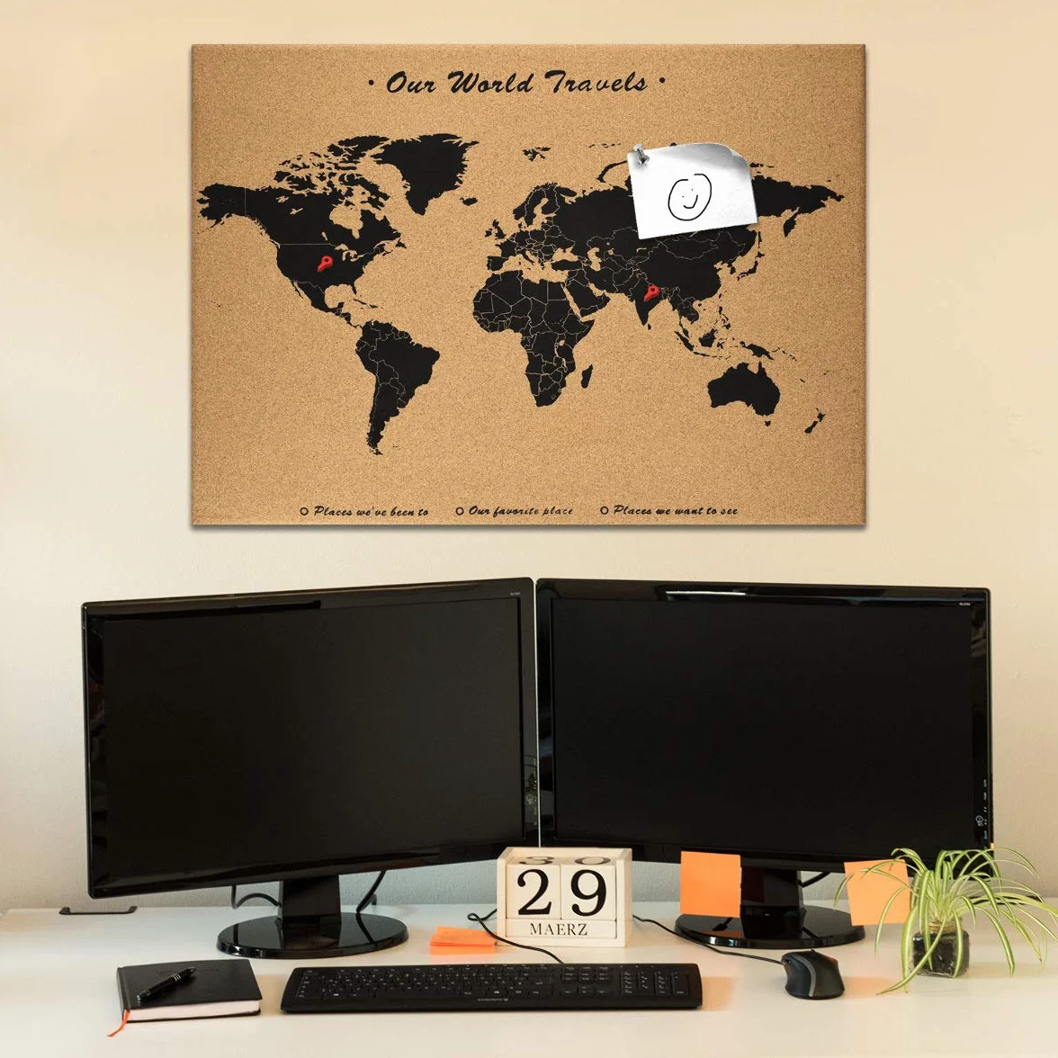 Navaris Tablica korkowa Mapa świata - 70 x 50 cm Tablica korkowa z szpilkami do notatek w światowej mapie z 15x szpilkami do kuchni, klasy, domu biurowego, sypialni