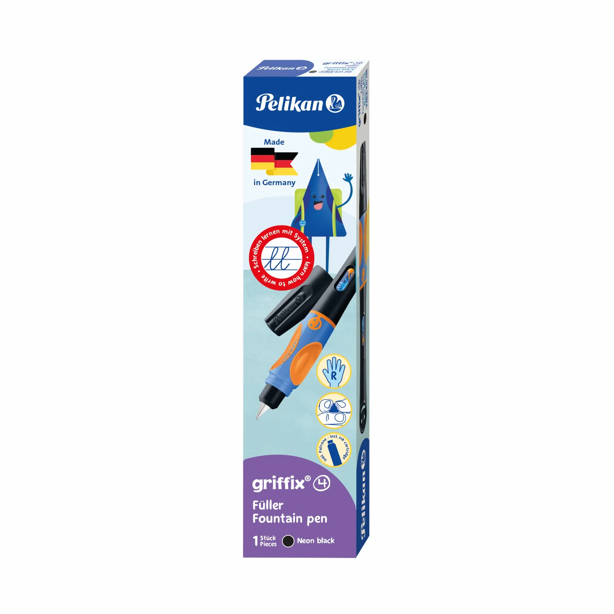 Pelikan® Pióro wieczne Griffix do nauki pisania | Średnia stlówka irydowa | Na atrament | Unikalny Design | Biuro Szkoła Studia Praca | Kaligrafia Komfortowe i Gładkie pisanie | Neon Black