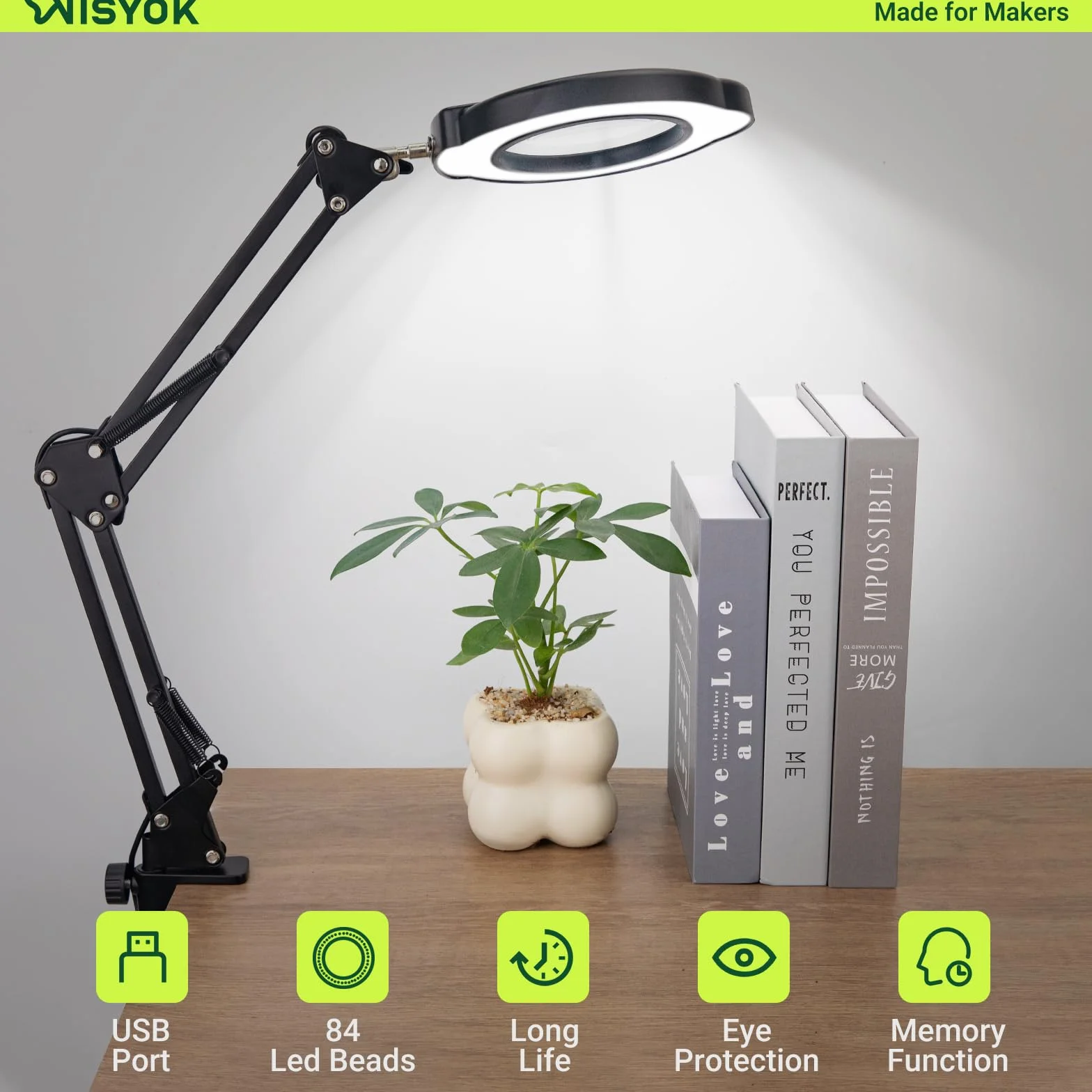 WISYOK Lupa ze światłem i stojakiem, 10x LED lampa z lupą z ramieniem wychylnym 22 cm, 5 trybów kolorystycznych, 10 bezstopniowo ściemnianych, lampa z lupą z zaciskiem, lupa do czytania dla seniorów