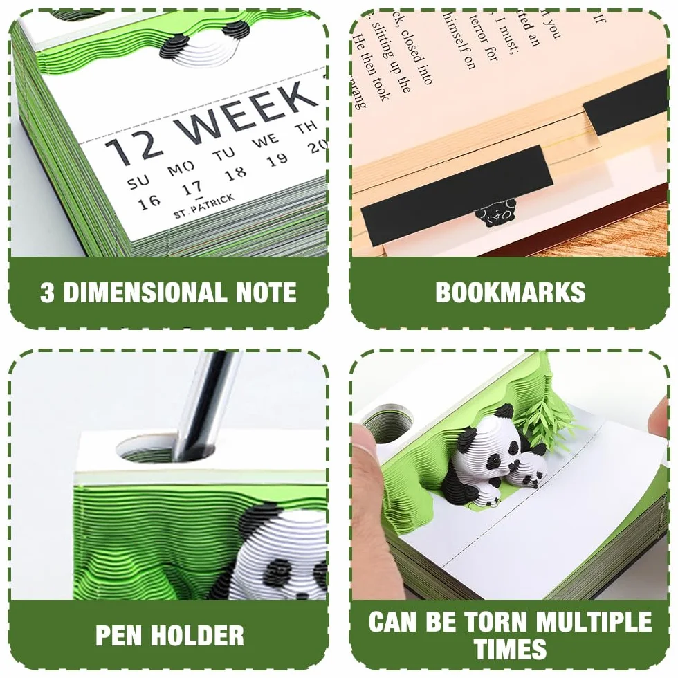 Notatnik 3D Panda, Kalendarz 3D do odrywania 2026, Kalendarz biurkowy-notatnik 2026, Papier na notatki 3D na biurko 2026, kreatywny prezent do majsterkowania DIY z rzeźby papierowej (Kalendarz