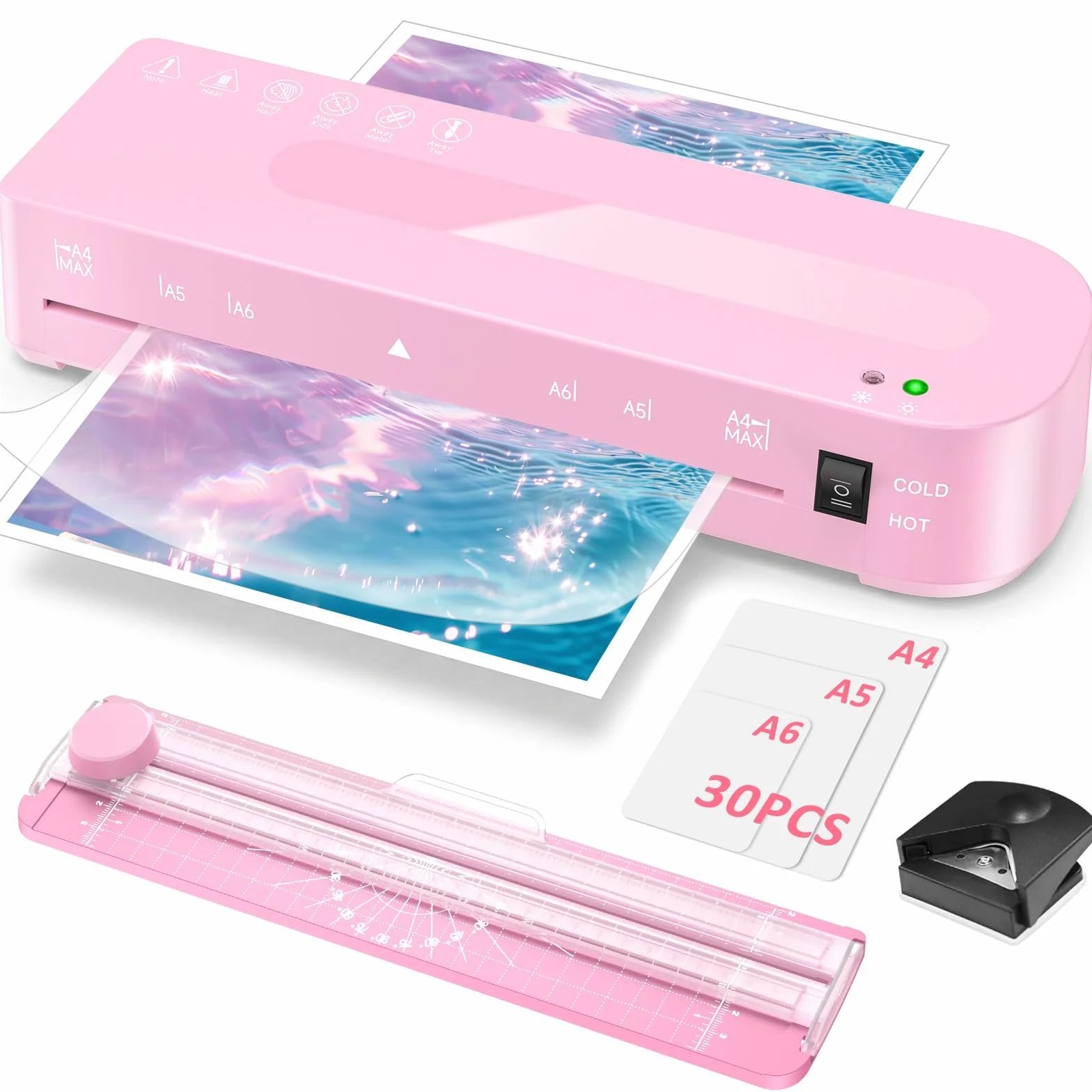 Laminator A4 - 5 w 1 laminator z 30 foliami do laminowania na A4/A5/A6, szybkie nagrzewanie 60S, laminator na gorąco i na zimno z wycinaczem papieru, zaokrąglone kąty dla biura, domu, szkoły