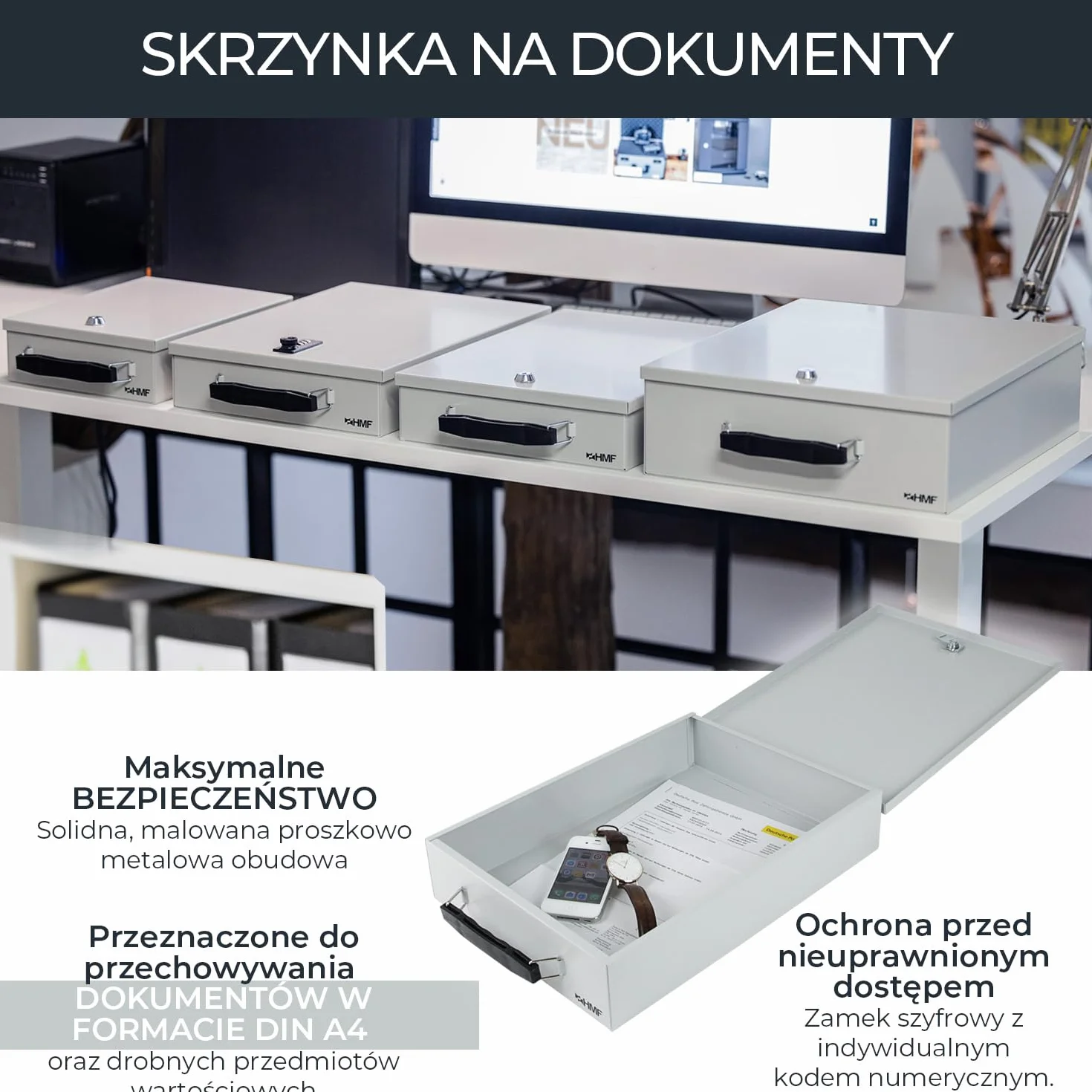 Zamykana kaseta na dokumenty HMF 1413-07 z zamkiem szyfrowym A4 jasnoszary