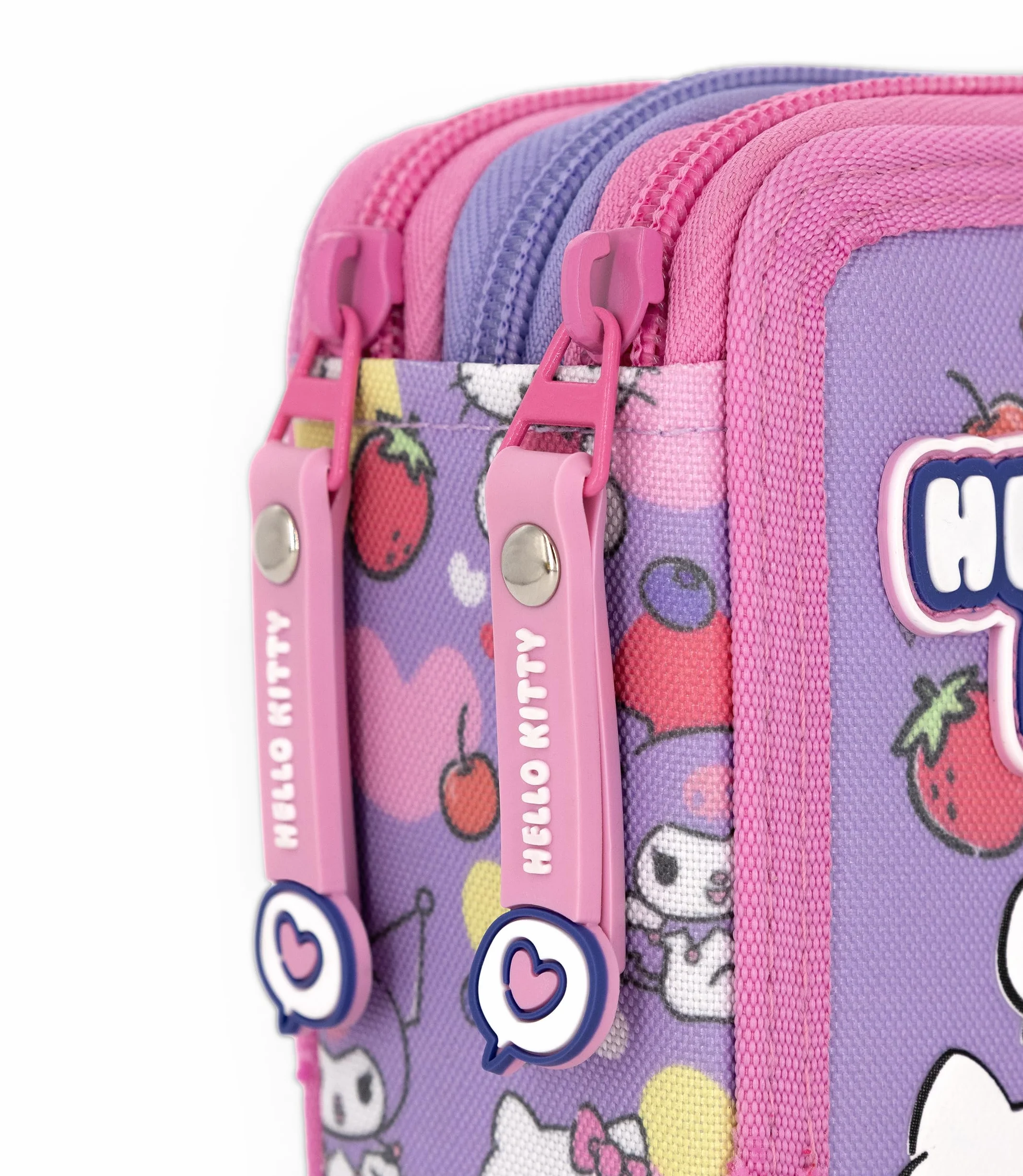 Piórnik z Wyposażeniem 3-Komorowy, Dla Fanów Hello Kitty i Kuromi - Zestaw Szkolny 46 Elementów: Długopisy Ścieralne, Pisaki Giotto, Kredki - Wyprawka dla Dziewczynki