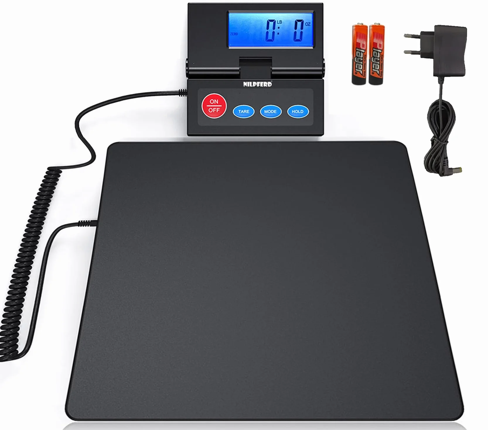 Nilpferd Waga do pakowania/pocztowa/platforma, waga pocztowa do 50 kg/2 g, ze składanym zewnętrznym wyświetlaczem LCD, kablem sieciowym lub bateriami (w zestawie) (czarna1)