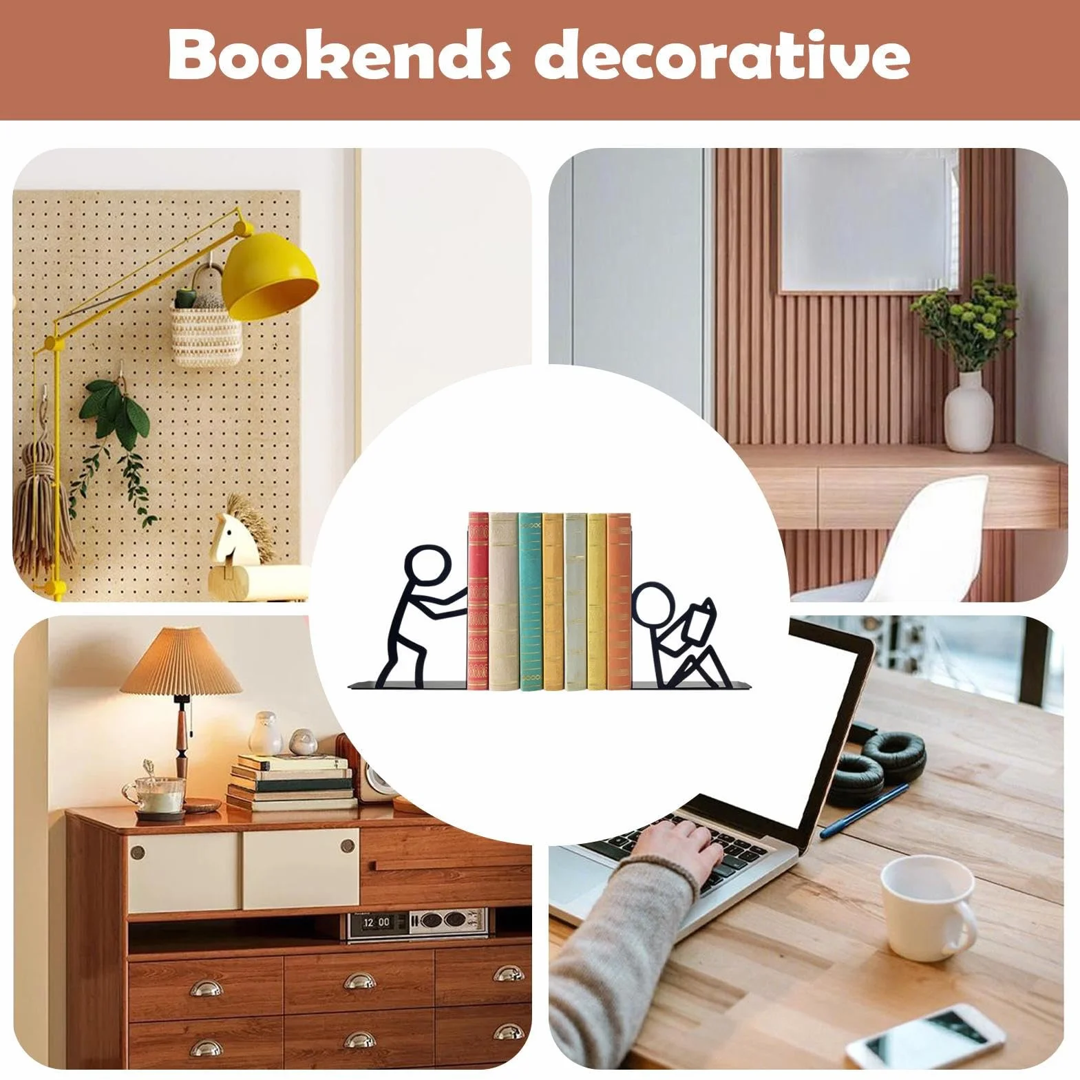 Abstract Book Ends - Heavy Duty Metal Stoppers, 6.89x1.18x5.9 inches Modern Decorative Organizer with Slip Resistant Base, Contemporary Shelf Display, Support, Home Styling for Book Stability