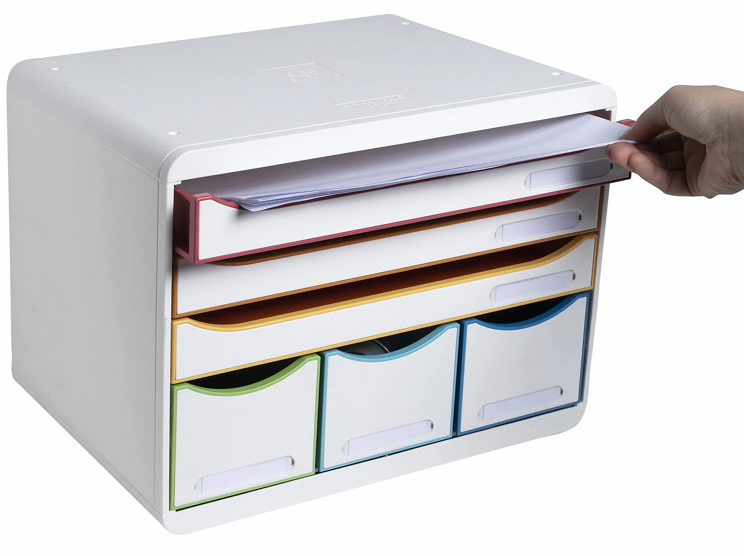 Exacompta 306913D Szafka na dokumenty STORE-BOX Black Office, 3 wąskie szuflady oraz 3 szuflady na dokumenty A4+, wymiary zewnętrzne: 27 x 35,5 x 27,1 cm, 1 sztuka kolor biały/harlekin/biały
