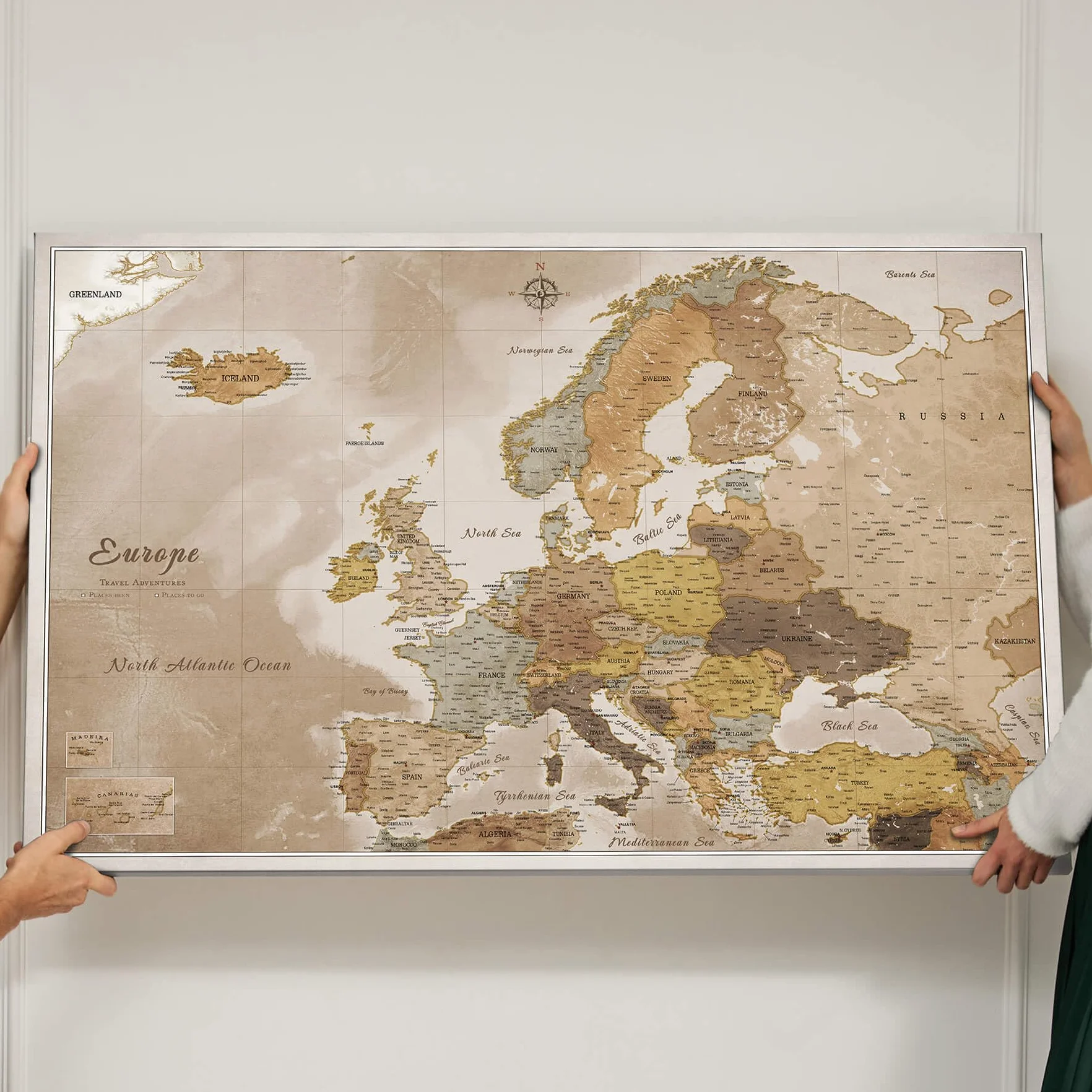 Mapa Europy na płótnie z korkową tablicą do przypięć - Dekoracja ścienna do wszystkich pomieszczeń - Obrazy na płótnie z motywem mapy Europy (120x80 cm, Wzór 11)