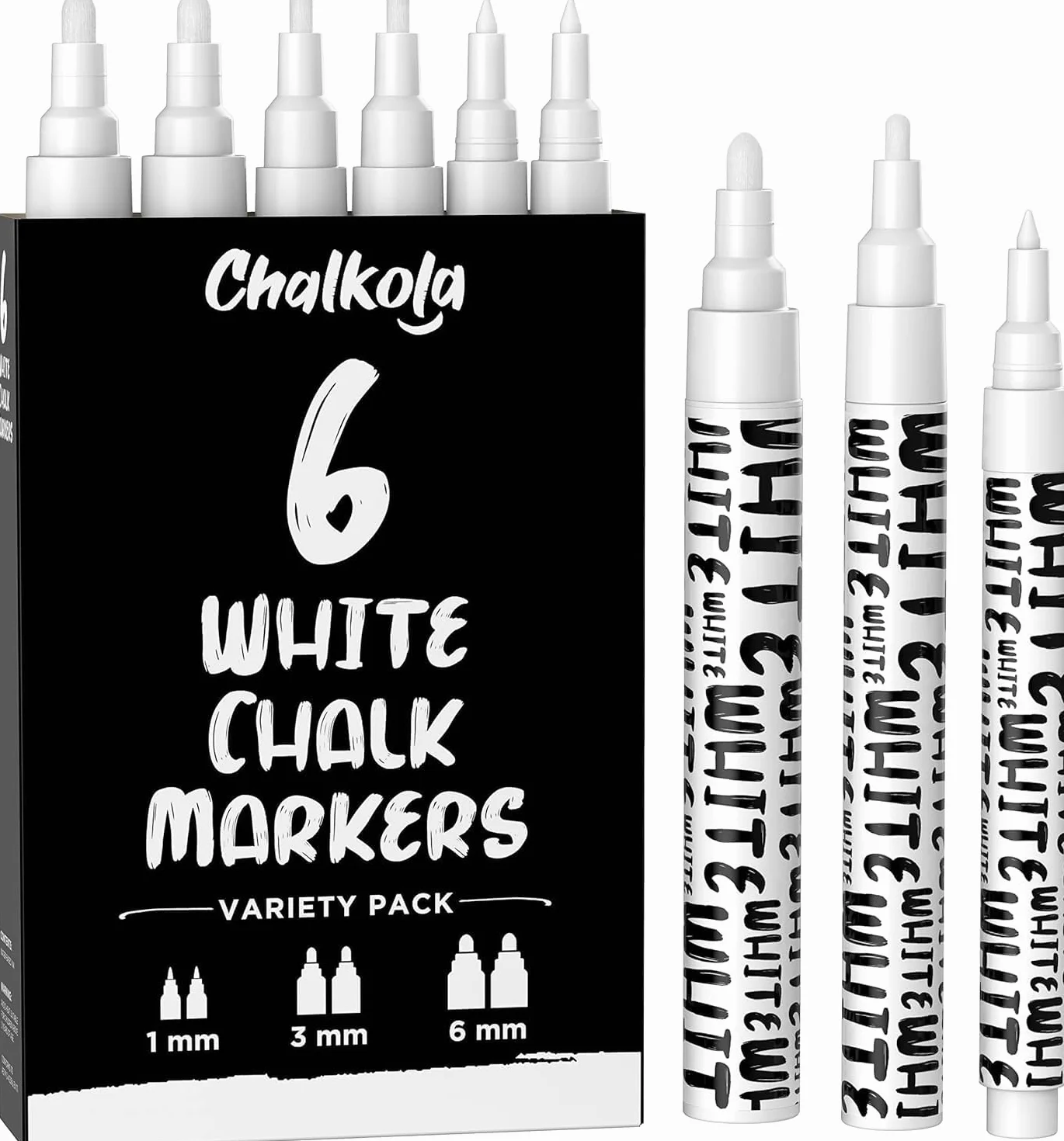 Chalkola Białe pisaki kredowe, białe, suchościeralne, płynne, do tablicy, tablicy, okien, bistro, szyb samochodowych, tablicy, znaków, zestaw 6 sztuk, 2 x 1 mm, 3 mm i 6 mm