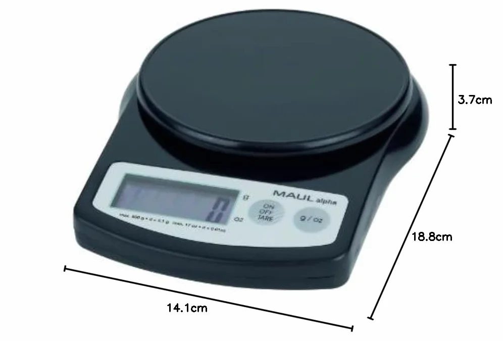 MAUL MAULalpha 1640590 Precyzyjna Waga z Baterią, 500 G, Czarna